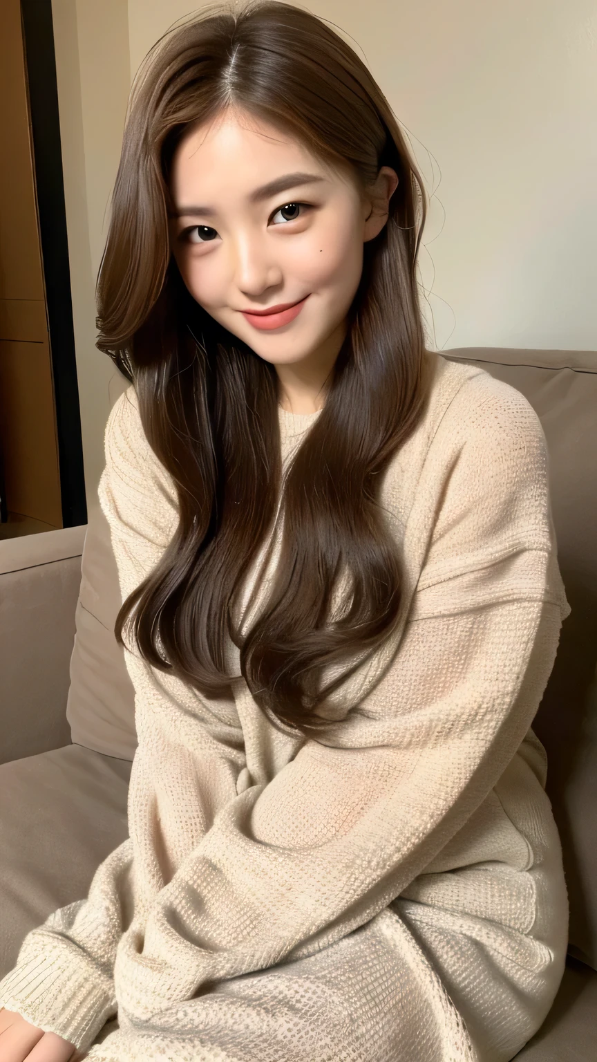 ((highest quality, 8k, masterpiece: 1.3)), 1 female, Japanese Idols,Sensual beauty: 1.3, (Hair style Brown hair Medium wave, big: 1.2), Nightwear: 1.1, Very friendly face, Delicate eyes, double eyelid, Dimples,Mole, Sit on the sofa,relax,smile,Plump body,mole,Raising his arms and stretching,very thick paws,