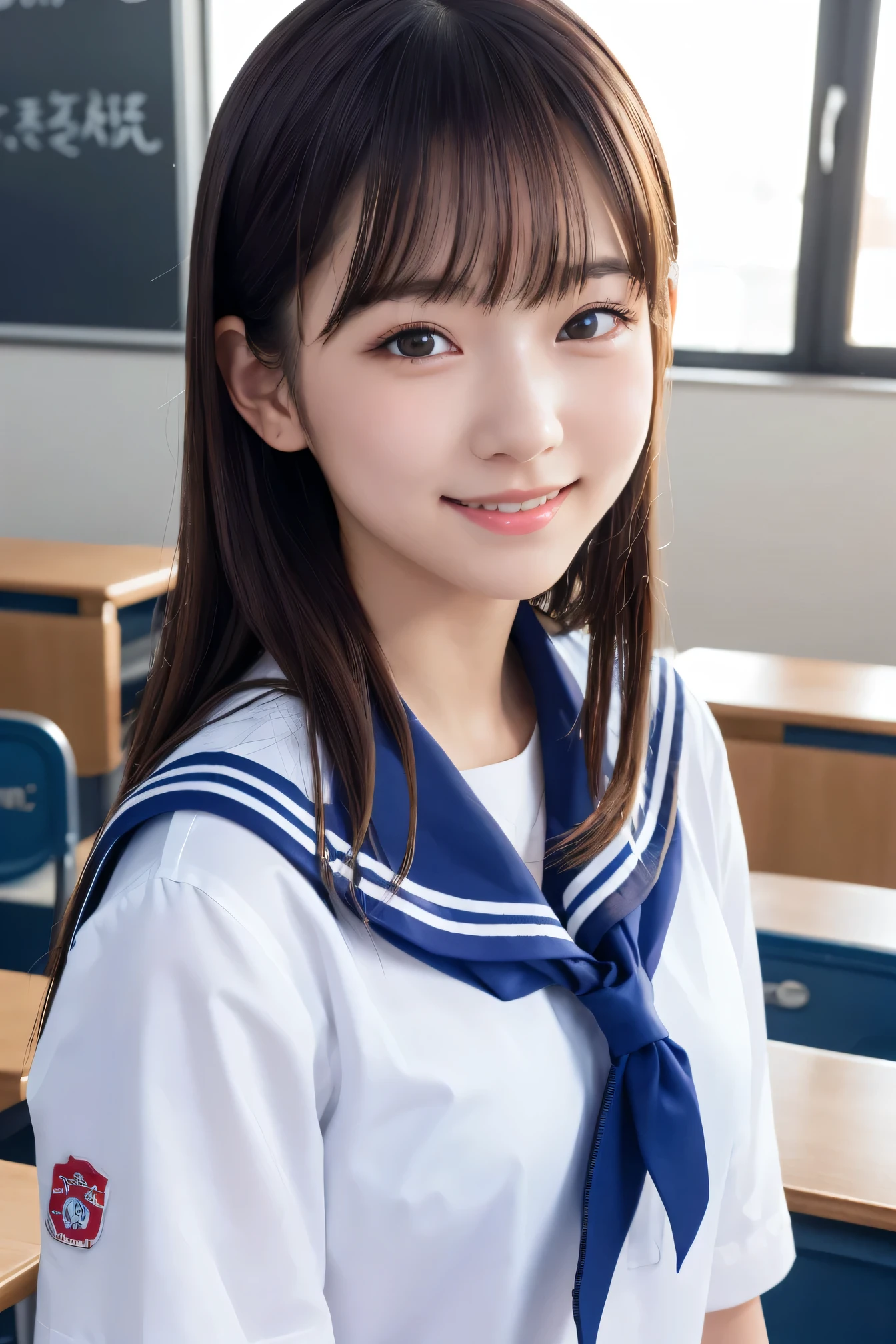 One girl, cute, 18-year-old, smile, View the viewer, Sailor suit, Seifuku, photograph, Realistic, highest quality, employment, Detailed face, classroom, Detailed Background, Diffuse lighting, Depth of written boundary, Bokeh,Korean Idol、beautiful girl