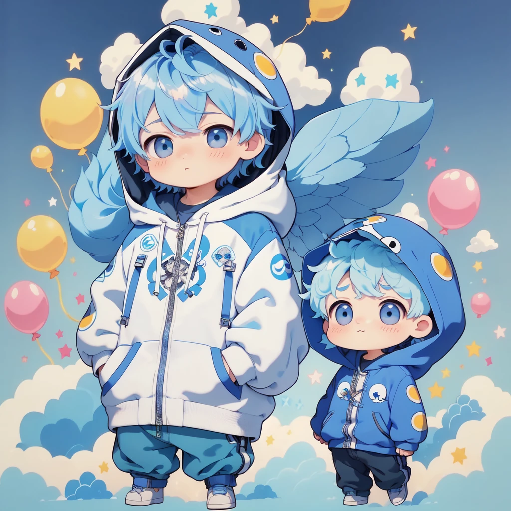Disorganized、highest quality、Masterpiece、Official Art、16K、Cute Boy Chibi、Flying in the sky with lots of balloons in his hands、Blue hooded costume、Milky hair color、Her eyes are so cute!、Soft and fluffy、Heartwarming、