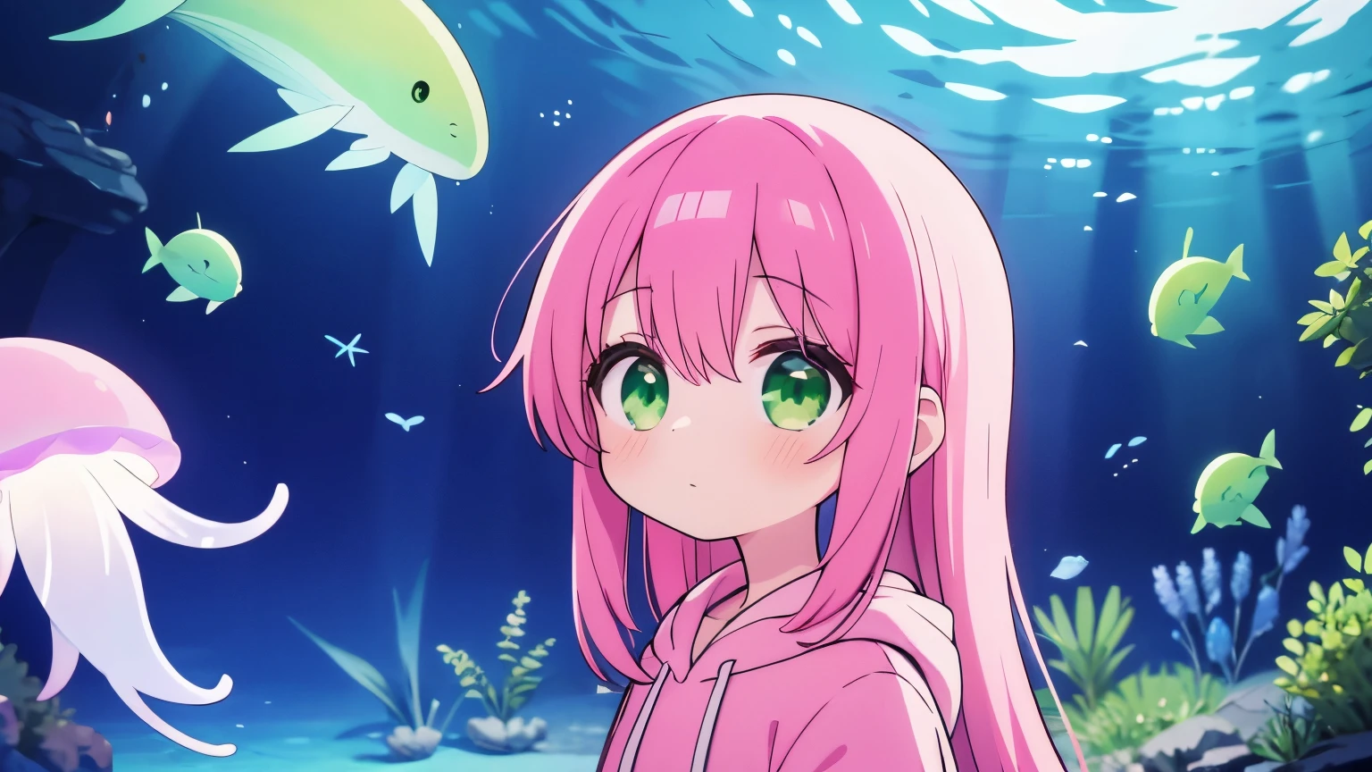 A girl with long pink hair and green eyes wearing a pink hoodie, Cyber World,Aquarium,jellyfish
