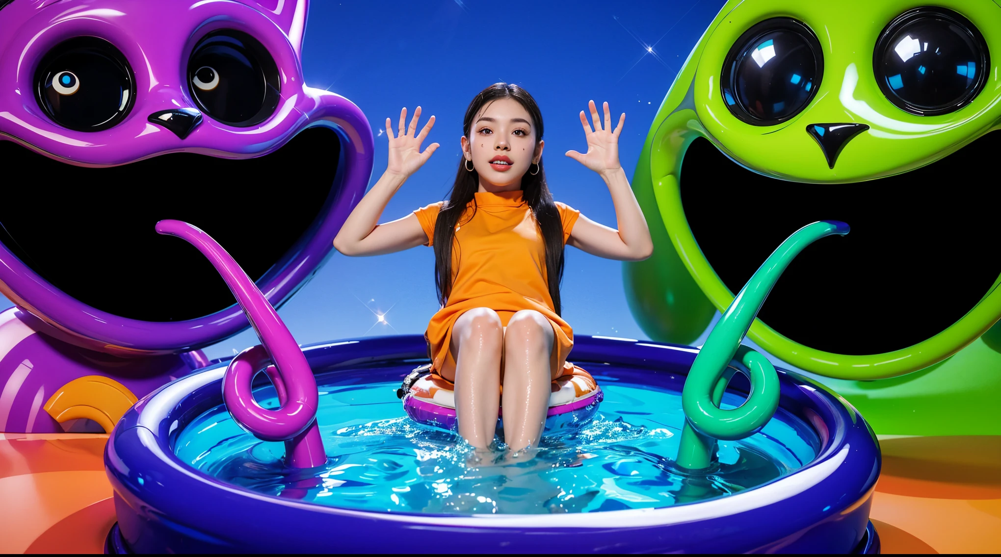 glossy water An inflatable swimming pool on a lawn, surrounded by green and orange boots. The image depicts two large orange glossy feet with five toes each, standing on a blue surface. The feet have a unique design, with the big toe pointing inwards. The skin on the feet has wrinkles and looks rough. The image depicts two large orange feet with five toes each, standing on a blue surface. The feet have a unique design, with the big toe pointing inwards. The skin on the feet has wrinkles and looks rough. cartoon key frame rendering, cute 3D rendering, Shiny metallic,Create ultra sharp  цветной рендеринг zbrush. perfect cgi, cgi art created only with gradients, smooth silhouette, Create ultra sharp skin, high intensity refraction, (plastic material), most beautiful vfx, blue background, plastic refractions, glossy texture, smooth 3d model, multiple light sources, rim light, sharp post effects render, (glossy plastic texture with multiple big light probe refractions), perfect cgi, cgi art created only with gradients, smooth silhouette, high intensity refraction, (plastic material), most beautiful vfx, blue background, plastic refractions Create ultra sharp