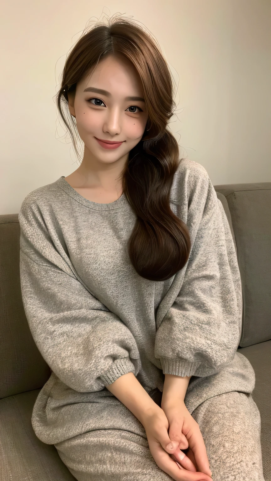 ((highest quality, 8k, masterpiece: 1.3)), 1 female, Japanese Idols,Sensual beauty: 1.3, (Hair style Brown hair Medium wave, big: 1.2), Nightwear: 1.1, Very friendly face, Delicate eyes, double eyelid, Dimples,Mole, Sit on the sofa,relax,smile,Plump body,mole,Raising his arms and stretching,very thick paws,Moe sleeves,