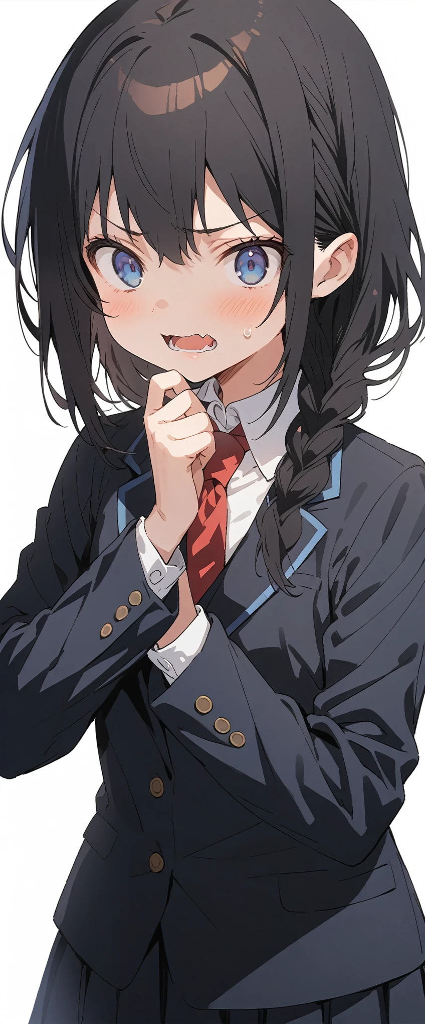White background、Solid white background、Blank background、Ultra-high resolution, highest quality,Solo,just standing girl, One Girl、Full body view from the front、fish-bone braid hair、Fishbone Hair、black hair、beautiful detailed eyes、Black hair × Blue eyes、blue eyes、Troubled face、 Open your mouth、Flat Chest、Black long sleeve blazer,Black pleated skirt、Knee-high socks、loafers