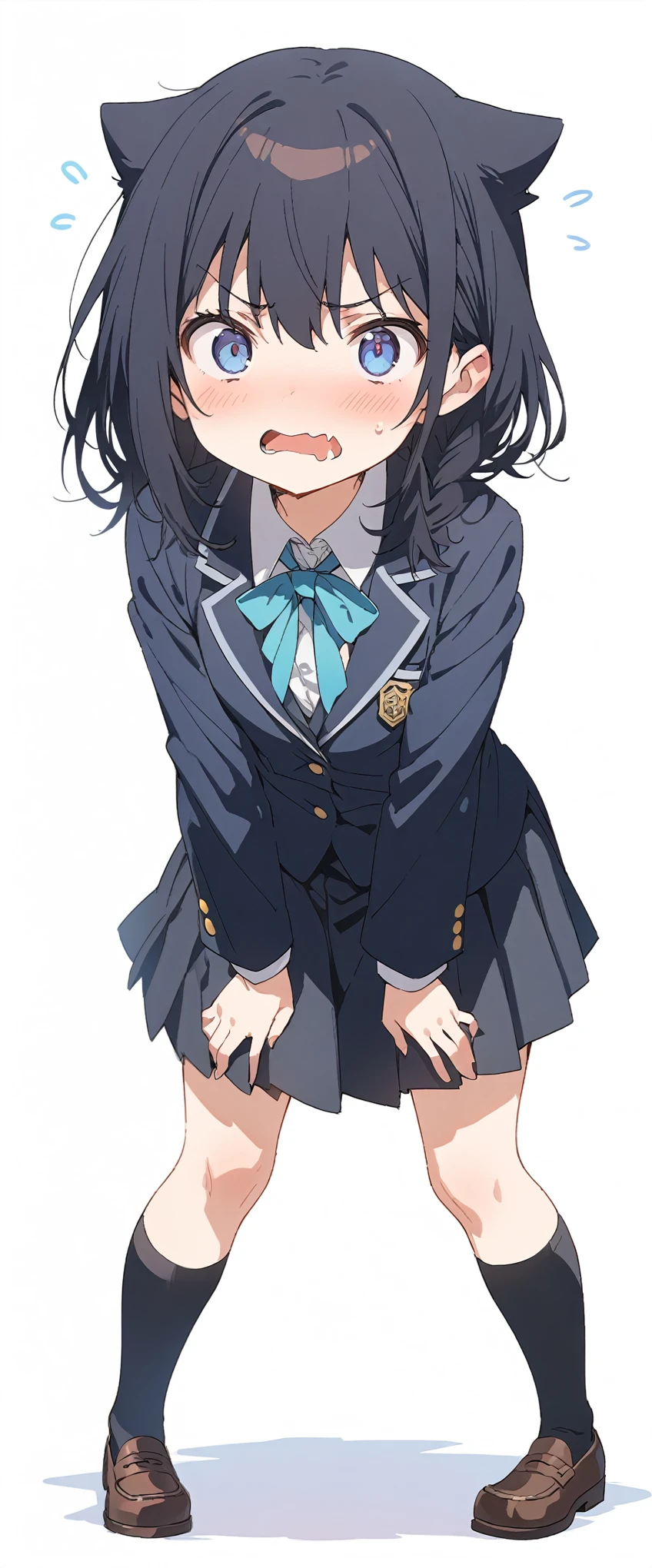 White background、Solid white background、Blank background、Ultra-high resolution, highest quality,Solo,just standing girl, One Girl、Full body view from the front、fish-bone braid hair、Fishbone Hair、black hair、beautiful detailed eyes、Black hair × Blue eyes、blue eyes、Troubled face、 Open your mouth、Flat Chest、Black long sleeve blazer,Black pleated skirt、Knee-high socks、loafers