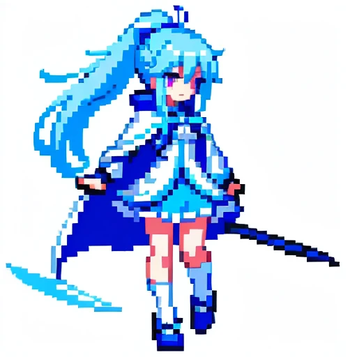 Pixel art, full body, facing left (important), bright blue and white, holding a large scythe, magical girl, long ponytail, ribbon, loose clothing, cloak. Hair color: Soft, pale blue hair. Eye color: pink eyes. Clothes: Clothes based on white and blue. She wears a blue cloak over a white shirt and blue miniskirt. Accessories: Blue flower decoration on the right side of the hair. Weapon: A sickle with blue and white decoration.