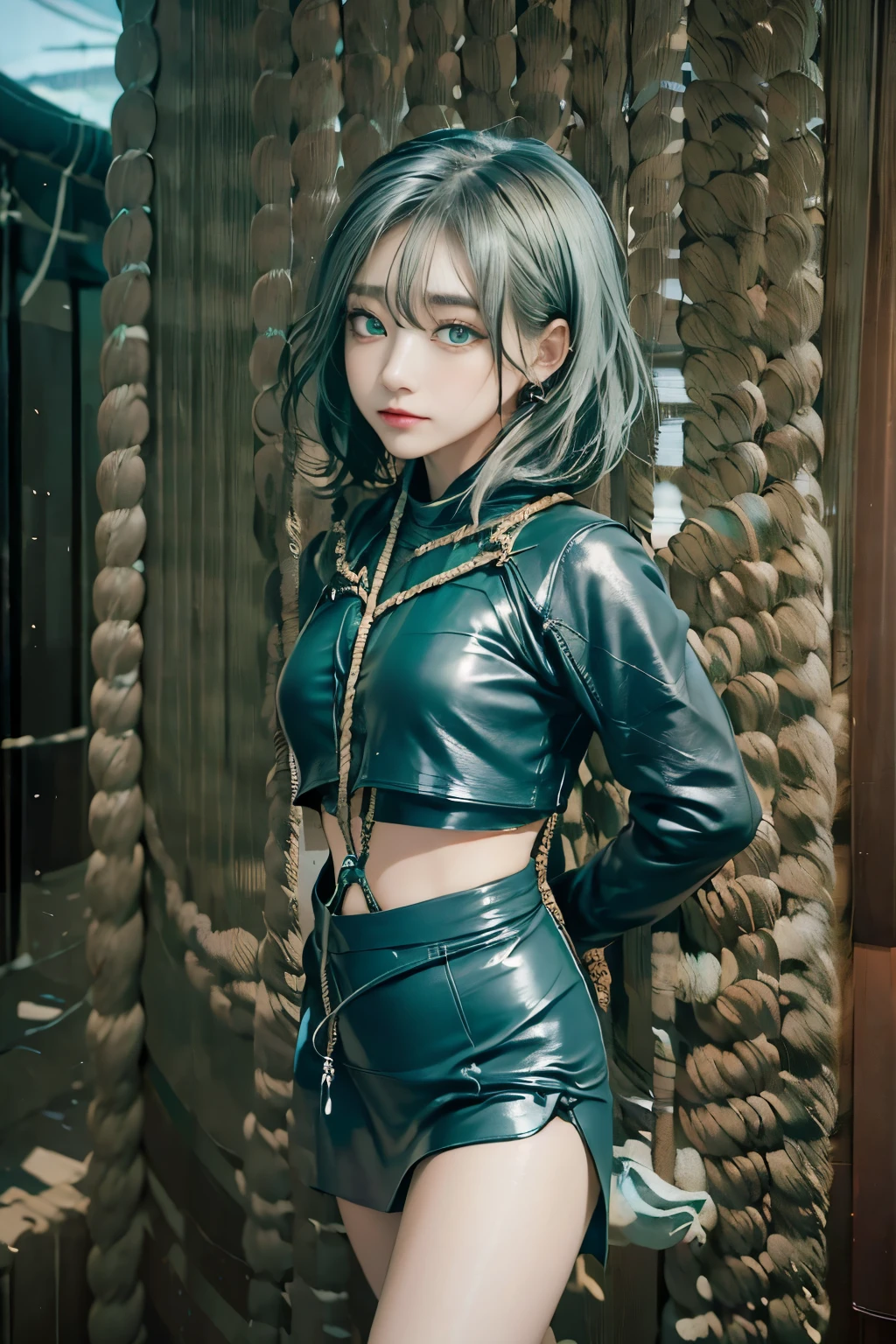 Put your arms behind your back, ((腕をTied up, Suppressed, ((((((rope)))))), Tied up)), (((((((Black Leather))))))), ((Crop top, Long sleeve, Pencil Skirt, ((Goth)), Knee Boots)), White Thigh Socks, A little bit happy, short hair, (((Gray Hair))), ((Gray Hair with ((Blue Tip)))), Cyan Dye, ((((((Green Eyes)))))), ((Small breasts)), highest quality, High resolution, masterpiece, 8k, (((mature, woman))), alone, 1 girl, ((Black makeup, eye shadow))