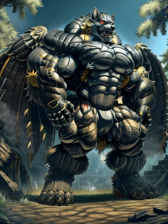 (gigantic muscles), 8K, Masterpiece, highres, Detailed head, Detailed Body, full body, Detailed abs, wearing crNanosuit, big muscle (pecs, triceps, traps) unusually developed muscular body, 
body full of huge muscles. 
pectorales enormes. Exaggeratedly huge muscles. Gigachad Muscular, gigantic muscles, Colossal giant NANOSUIT over a battlefield, The claws are sharp, Sharp teeth, Spread wings, have big wings. black wings, nj5furry, Animal paws, castle, black visor, barrel(live a hero)