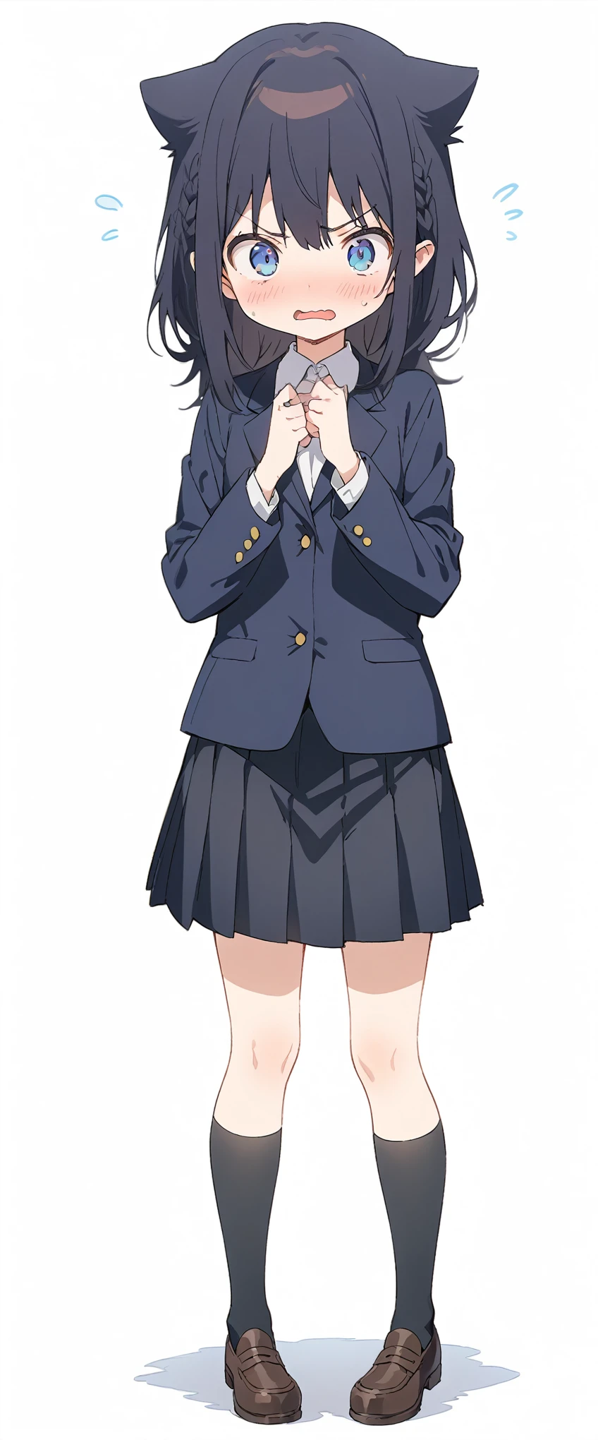 White background、Solid white background、Blank background、Ultra-high resolution, highest quality,Solo,just standing girl, One Girl、Full body view from the front、fish-bone braid hair、Fishbone Hair、black hair、beautiful detailed eyes、Black hair × Blue eyes、blue eyes、Troubled face、 Open your mouth、Flat Chest、Black long sleeve blazer,Black pleated skirt、Knee-high socks、loafers