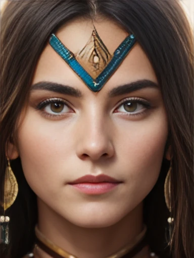 photorealistic portrait of a woman libanese warrior, focus on face.
