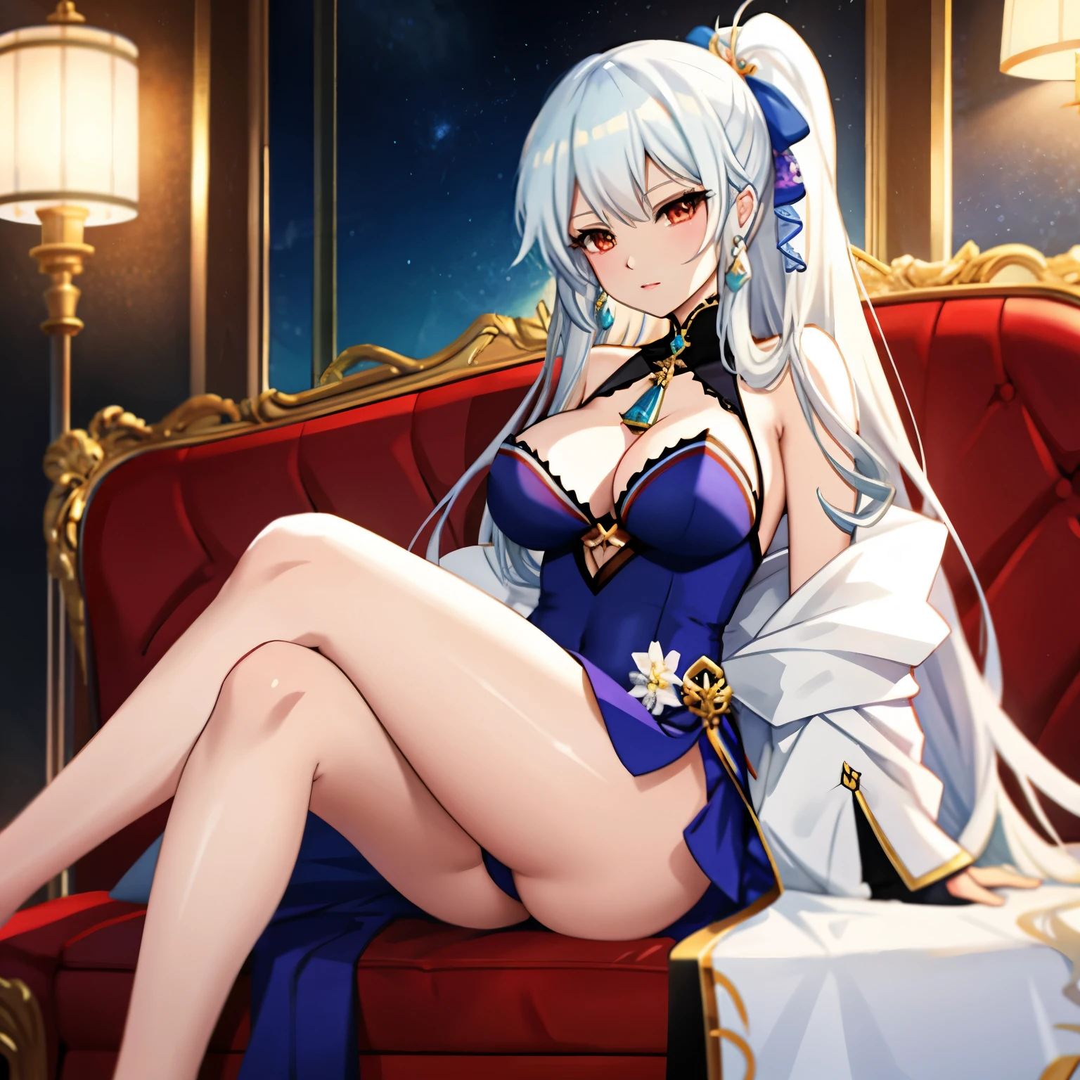 **Pronto**: Anime girl sitting on a red sofa with long white hair, Seductive anime girl, White-haired god, Perfect white-haired girl, Black, Azur Lane style, Wearing a nice dress Cute anime waifu, from the Azur Lane video game, Azur Lane characters, ayaka genshin impact, white haired girl, top rated on pixiv BREAK
**Resolution**: High resolution (HD, 4K, 8K, 16K), color bit depth 24 bits, 48 bits BREAK
**Image quality**: Detailed rendering of light and shadow for realism within anime style BREAK
**Quality**: Detailed artwork with attention to texture and lighting BREAK
**Style**: anime goddess, portrait zodiac knight girl, highly detailed art gem, zodiac knight girl, enchanting anime girl, Genshin Impact Keqing BREAK
Body shape and complexity: cleavage (between breasts), erection of nipple, hanging breasts, armpits, bare shoulders, breasts, caustics, collarbones, huge breasts, sagging breasts, moles, skin depressions, stomach, thighs, moistwith, Sleek body structure, well-styled clothes, smooth skin texture on the legs BREAK
Color: Gold, Blue, Green (Main) Light Blue, Yellow, Silver, Deep Red (Sub) BREAK
Worldview: A fusion of manga and anime, modern BREAK