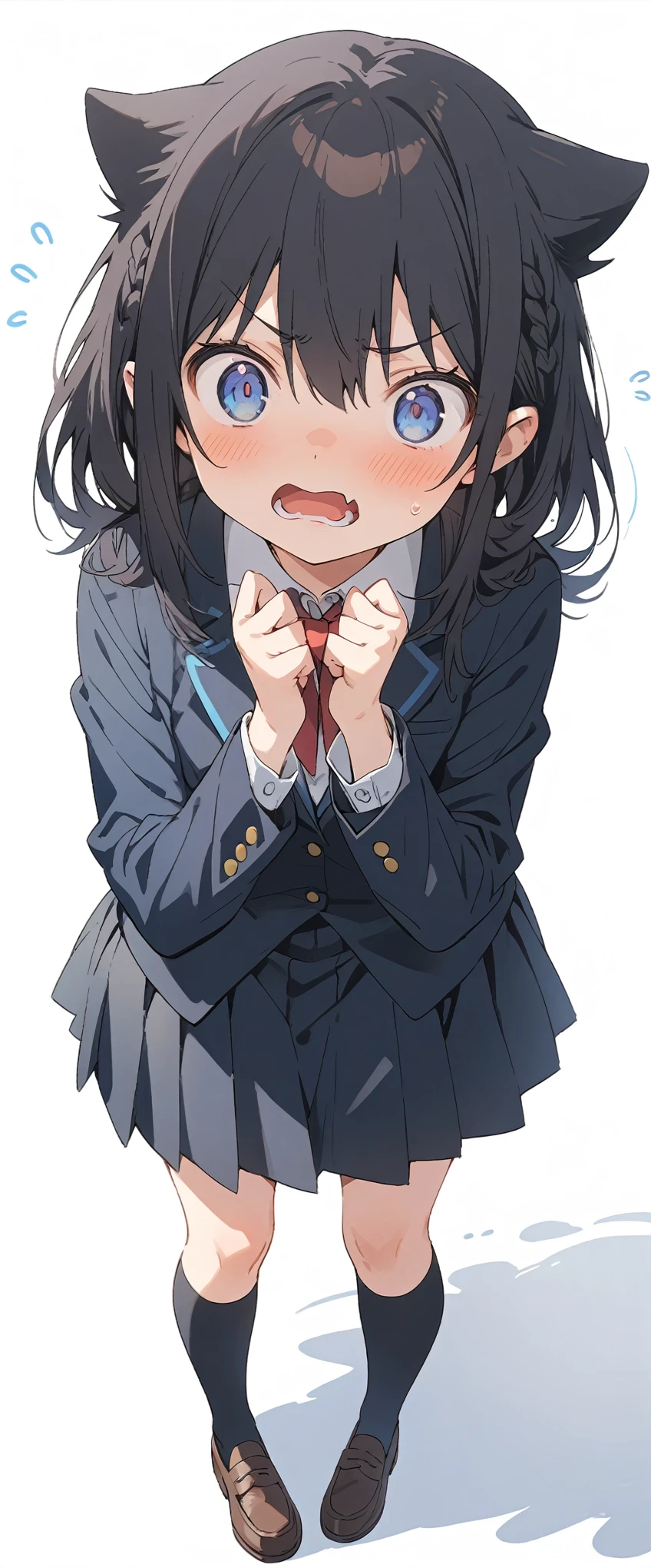 White background、Solid white background、Blank background、Ultra-high resolution, highest quality,Solo,just standing girl, One Girl、Full body view from the front、fish-bone braid hair、Fishbone Hair、black hair、beautiful detailed eyes、Black hair × Blue eyes、blue eyes、Troubled face、 Open your mouth、Flat Chest、Black long sleeve blazer,Black pleated skirt、Knee-high socks、loafers