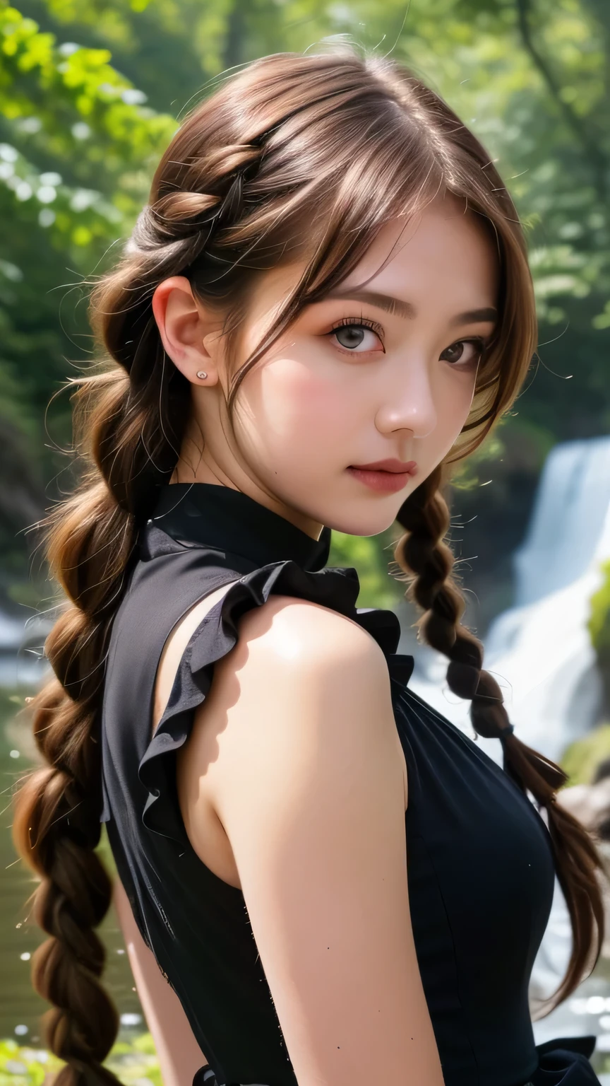 Beautiful woman, Complex details, watercolor, splash､Gothic Lolita, Upper Body, RAW Photos, Realistic, 4K/8K clear photo of a woman standing in front of a forest and a large waterfall, (iris), Super detailed, detaileds, Dramatic Light, Beautiful eyes in every detail, detaileded skin, Written boundary depth,  Full resolution, High resolutionの肌, detailed, Sharp focus, masterpiece, 最high quality, high quality, High resolution, Dark Gothic Lolita, (Red hair with curly braids)、Black Gothic Dress, Face close-up