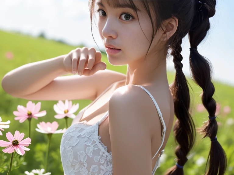 (Dressed in a white dress、Close-up portrait of a girl with thin, small breasts and pigtails:1.5)、(Girl with hands behind head:1.3)、(Blue sky and a farm full of pink and white cosmos flowers :1.3)、(Perfect Anatomy:1.3)、(Complete Hand:1.3)、(Full Finger:1.3)、Photorealistic、Raw photo、Tabletop、highest quality、High resolution、Delicate and beautiful、Perfect Face、Beautiful fine details、Fair skin、Real human skin、pores、((Thin legs))、(Black Hair)