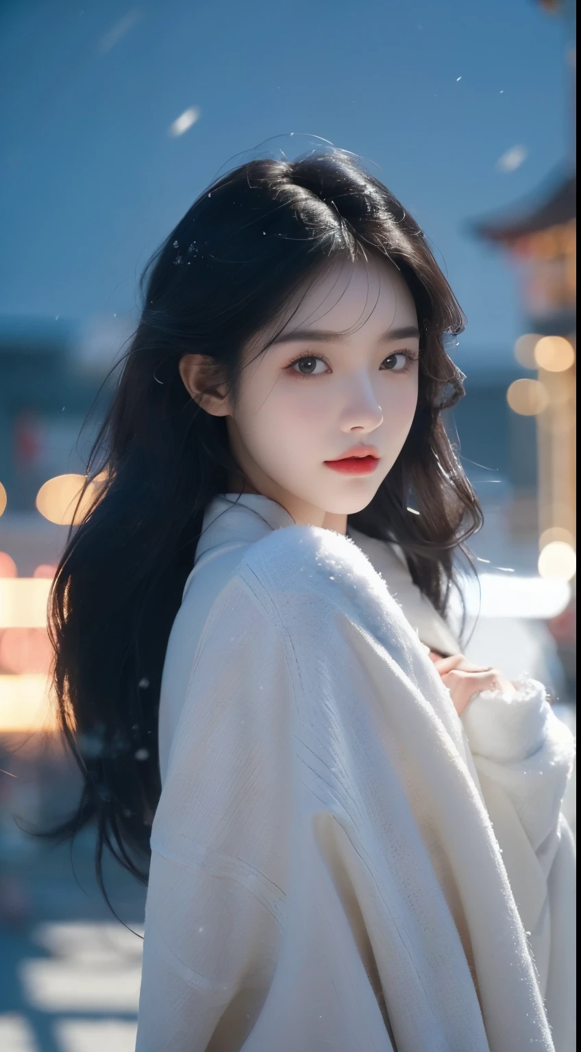 、(top quality,masterpiece:1.3,Ultra-high resolution,),(Super detailed,Caustic lines),(Reality:1.4,RAW Shooting,)Ultra-realistic capture,Very detailed,HD 16K,Suitable for human skin、 Natural skin texture、、Skin looks healthy and even-toned、 Use natural light and color,A woman,Kawaii,black hair,Medium Length Hair,(Depth of Field、Chromatic Aberration、、Wide lighting range、Natural shadows、)、(Nighttime outdoor lighting:1.4)、(Snow Scene:1.2)、(Hair blowing in the wind:1.1)