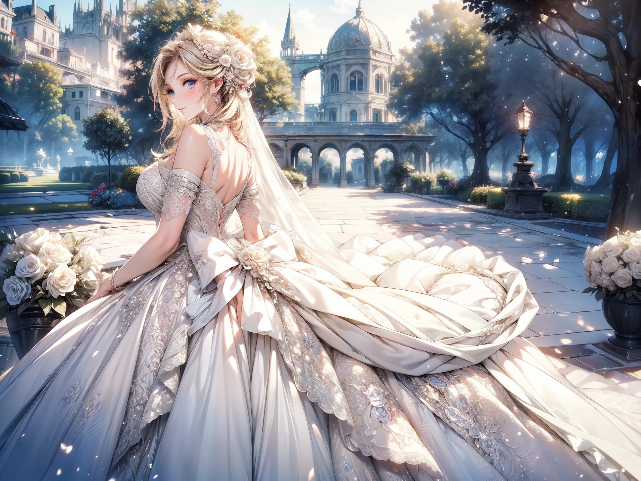(masterpiece, best quality, beautiful and aesthetic:1.3), look back, side view, 1girl, solo, light smile, (makeup, long hair, light beige hair, blue eyes:1.2), bridal veil, lace-trimmed dress, see-through, wedding dress, outdoors, white roses, garden, morning, standing, extreme detailed, 