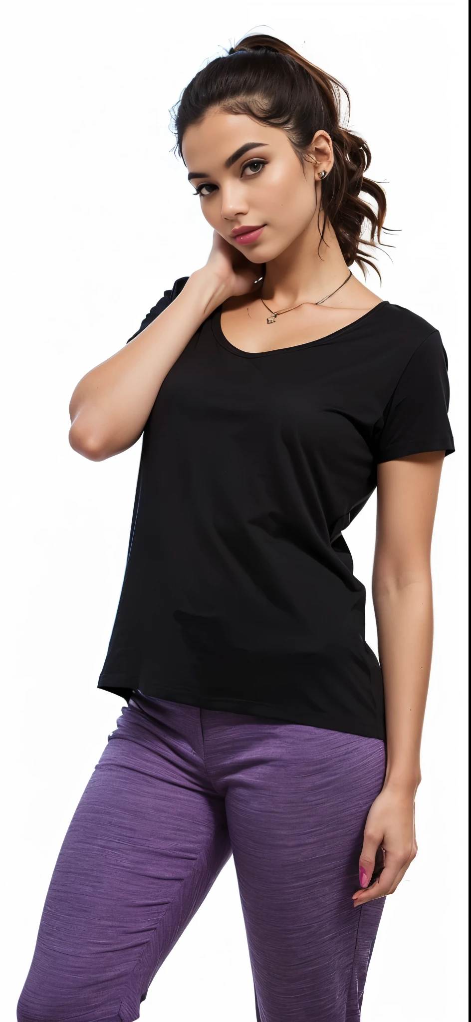 a woman in a preto shirt and purple pants posing for a picture, wearing a preto t-shirt, preto t shirt, wearing preto tshirt, wearing a preto tshirt, preto t-shirt, preto camiseta, preto shirt, wearing a preto shirt, camiseta, Manga curta, preto, preto top, wearing a preto!! camiseta, camiseta