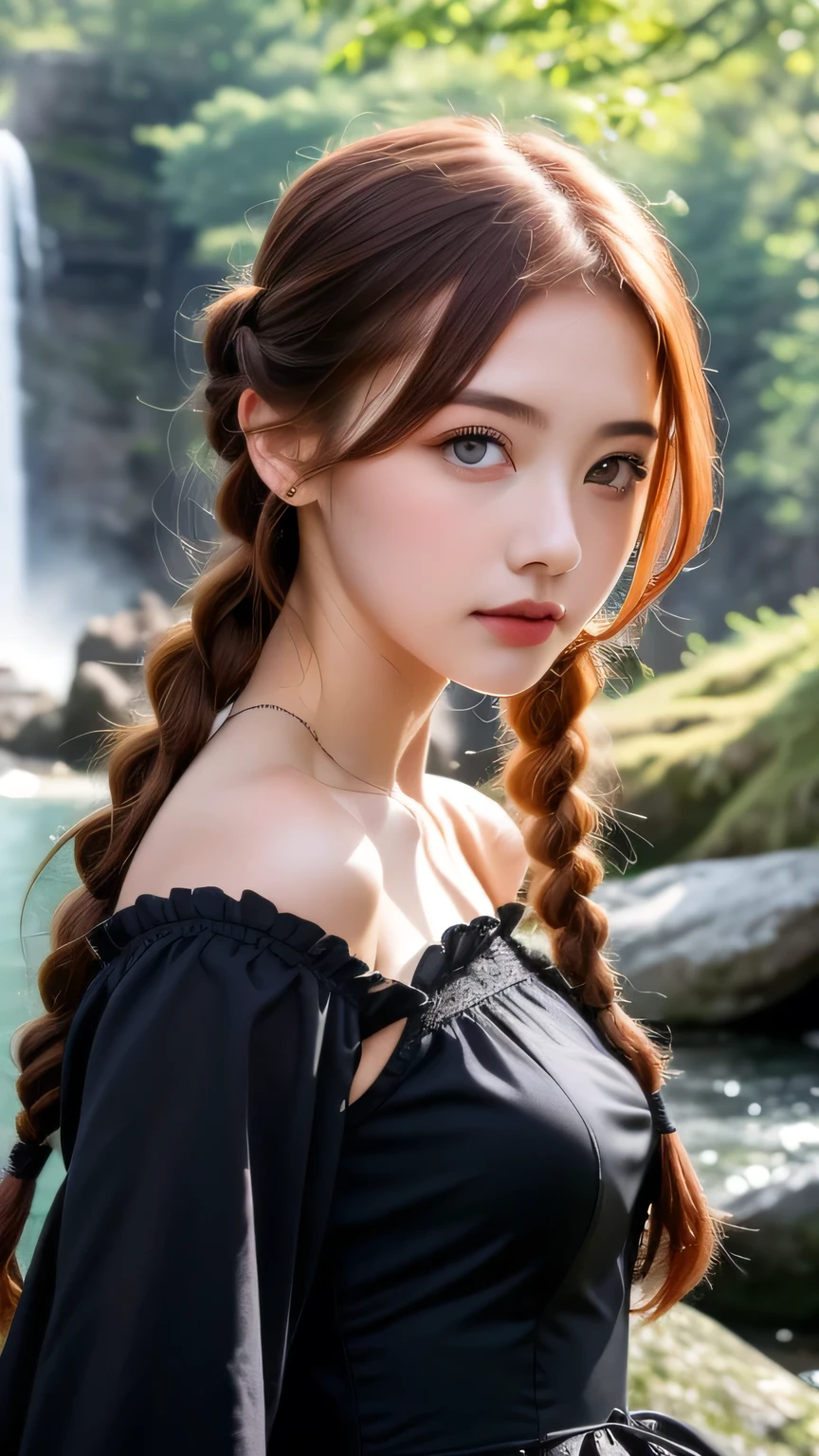 Beautiful woman, Complex details, watercolor, splash、Gothic ta, Upper Body, RAW Photos, Realistic, 4K/8K clear photo of a woman standing in front of a forest and a large waterfall, (iris), Super detailed, detaileds, Dramatic Light, Beautiful eyes in every detail, detaileded skin, Written boundary depth, Full resolution, High resolutionの肌, detailed, Sharp focus, masterpiece, 最high quality, high quality, High resolution, Dark Gothic Loli(Red hair with curly braids)、Black Gothic Dress, Face close-up