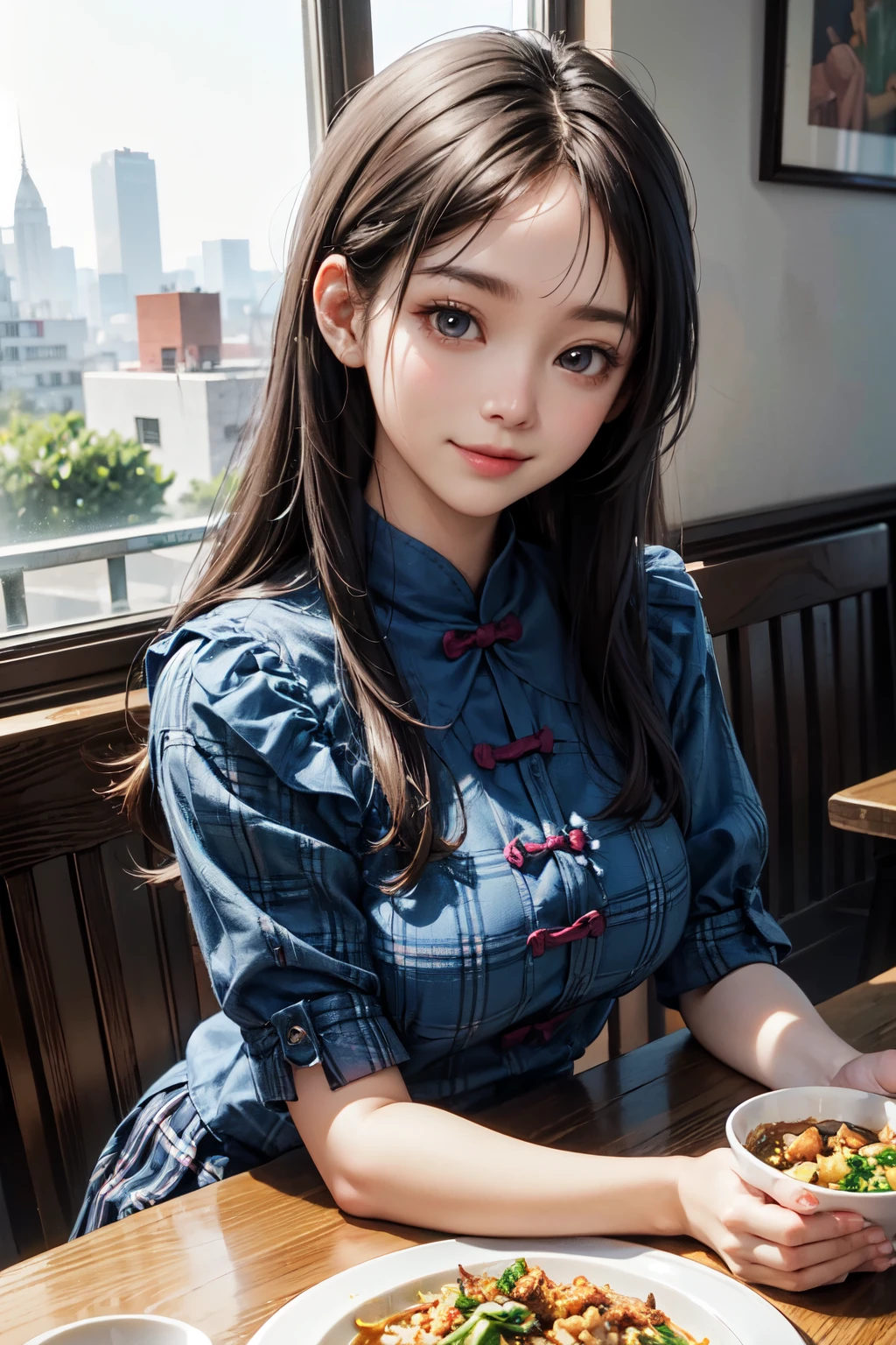 very cute and beautiful girl eating mapo tofu in chinese restaurant,(highly detailed beautiful face and eyes), (smile:1.25),happy,elegant floral frilled blouse,blue plaid mini skirt,mid shot,black hair, (best quality,masterpiece),absurdres,highres,ultra-detailed,extremely detailed,32k,8k resolution, intricate details,cinematic scene,detailed background,solo,dynamic angle,