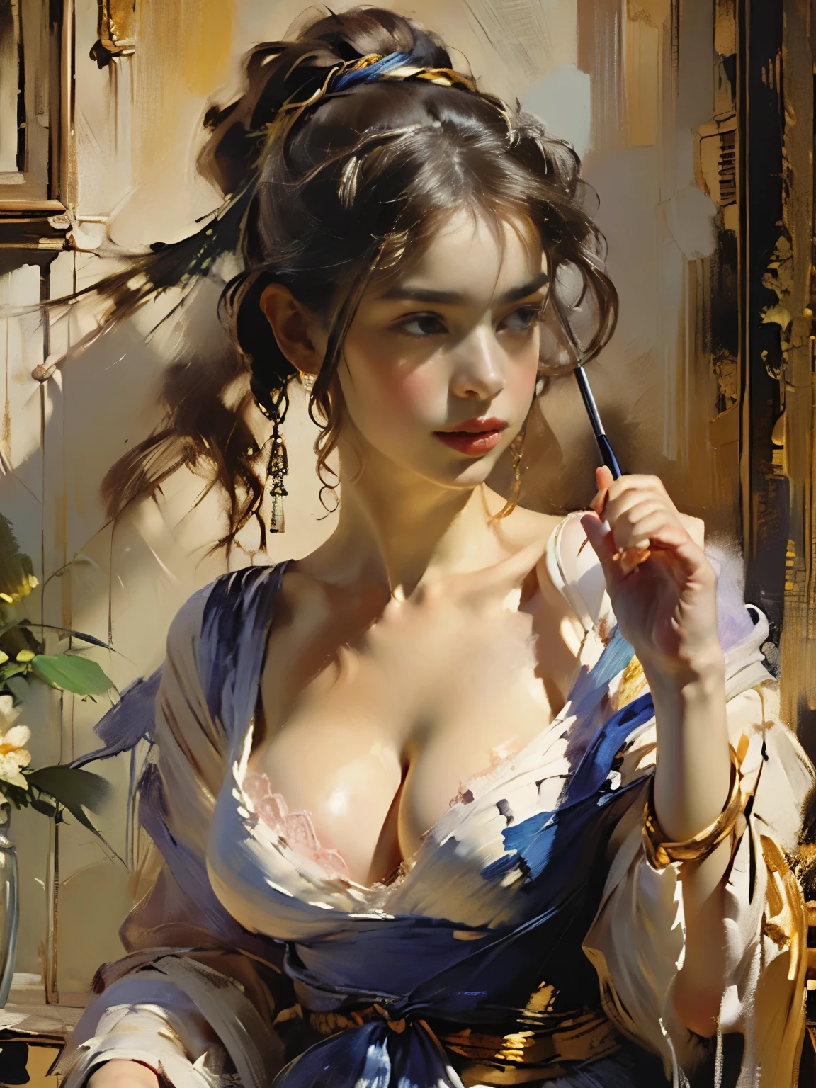 ((Speed Paint) +++ Portrait of a delicate woman, Palette knife painting, Impressionist style, Brushwork techniques, Big Strokes, Vermeer, Big Breasts, sexy, nudy, Girl Selling Flowers, 