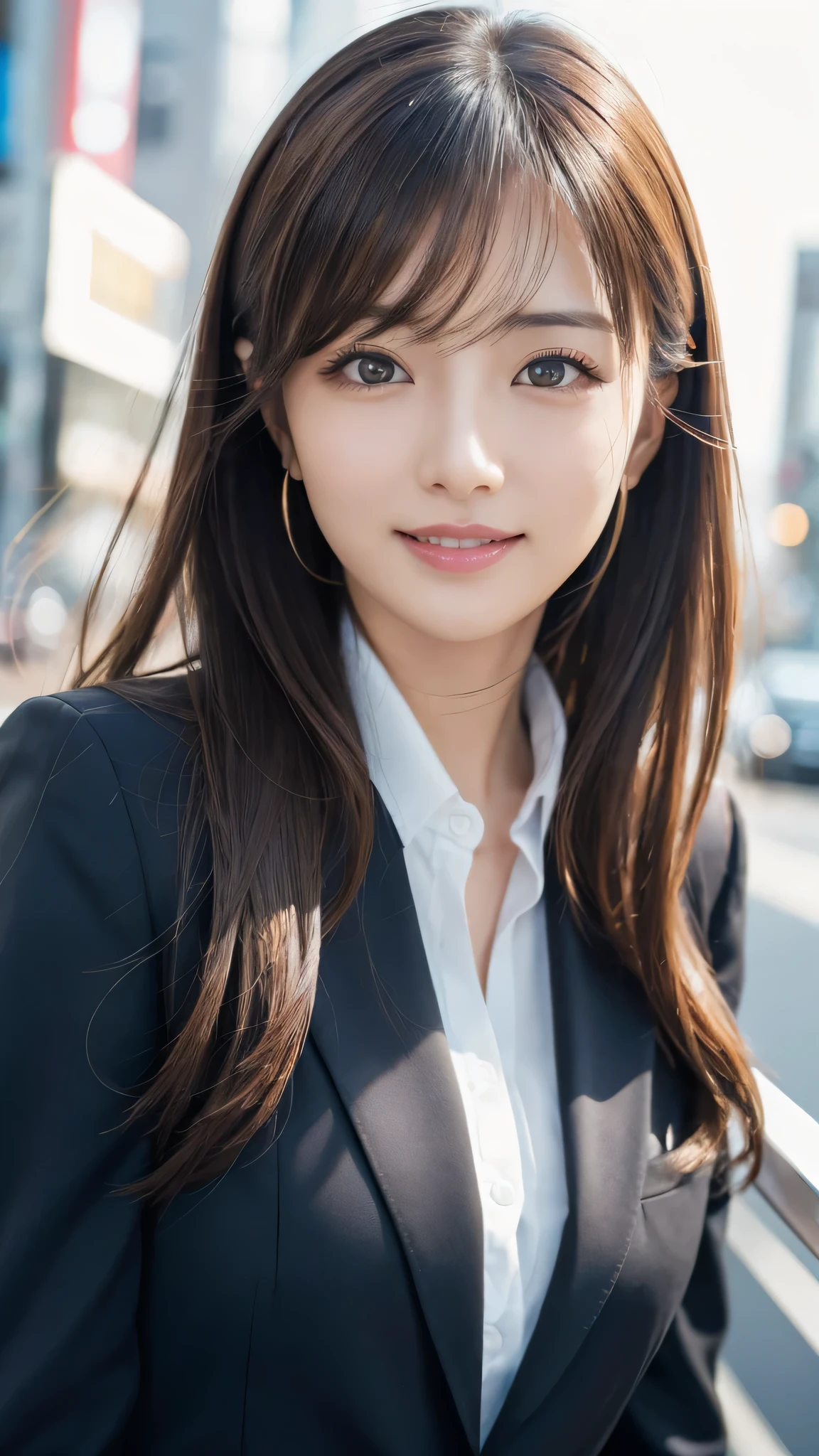 table top、highest quality、genuine、Super detailed、finely、High resolution、8k wallpaper、one beautiful woman、、、light brown disheveled hair、wearing a business suit、sharp focus、perfect dynamic composition、beautiful and detailed eyes、thin hair、Detailed genuine skin texture、smile、model body shape、In Tokyo at morning、