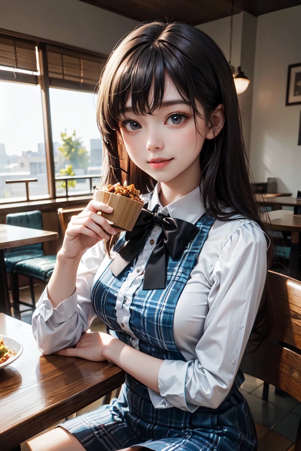 very cute and beautiful girl eating mapo tofu in chinese restaurant,(highly detailed beautiful face and eyes), (smile:1.25),happy,elegant floral frilled blouse,blue plaid mini skirt,mid shot,black hair, (best quality,masterpiece),absurdres,highres,ultra-detailed,extremely detailed,32k,8k resolution, intricate details,cinematic scene,detailed background,solo,dynamic angle,