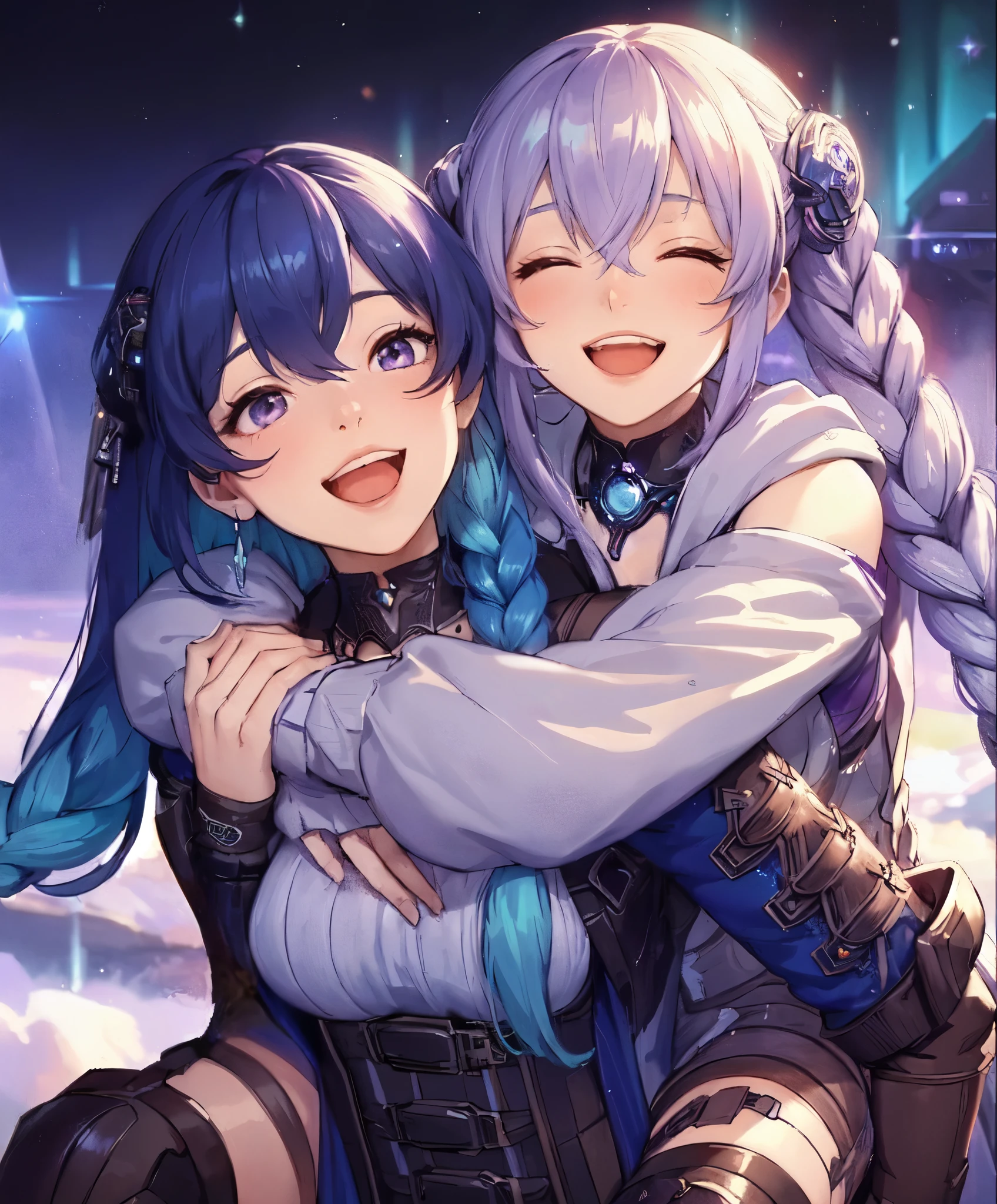 2ladies, (1lady carrying the other on back), walking, (futuristic costume) stylish, mature female, (masterpiece best quality:1.2) delicate illustration ultra-detailed, large breasts BREAK 1lady, (light purple long hair), twin braid, blush happy smile, (open mouth), (eyes lightly closed) BREAK 1lady, (dark blue long hair), (gradient hair) green, (kind smile) BREAK (futuristic city) outdoors, soft lighting, science fiction, detailed background