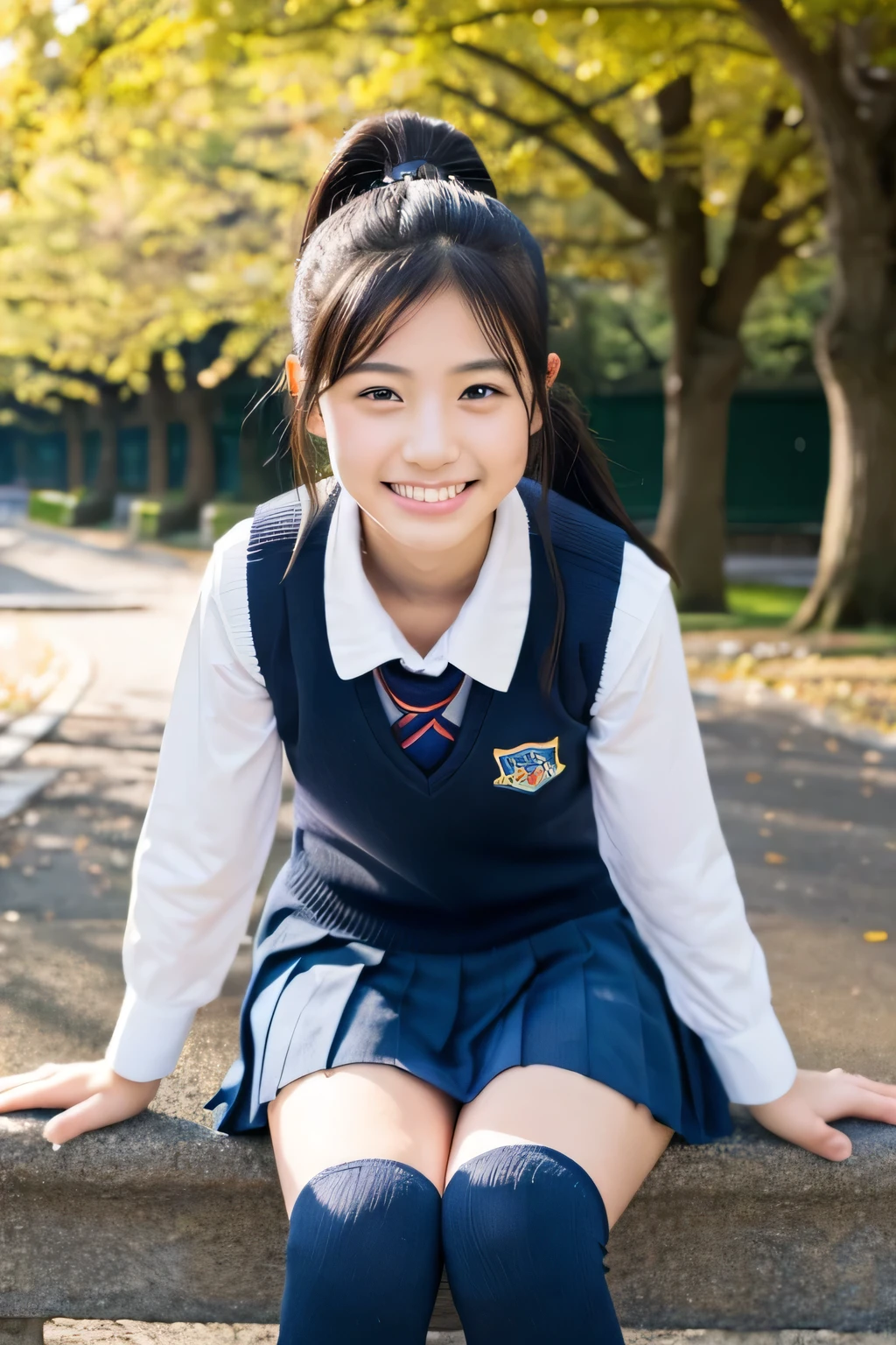 ((masterpiece)), japanese, (a girl), (18 years old), (((school uniform))), smiling, a park, dark blue knit vest, thighs, ponytail,