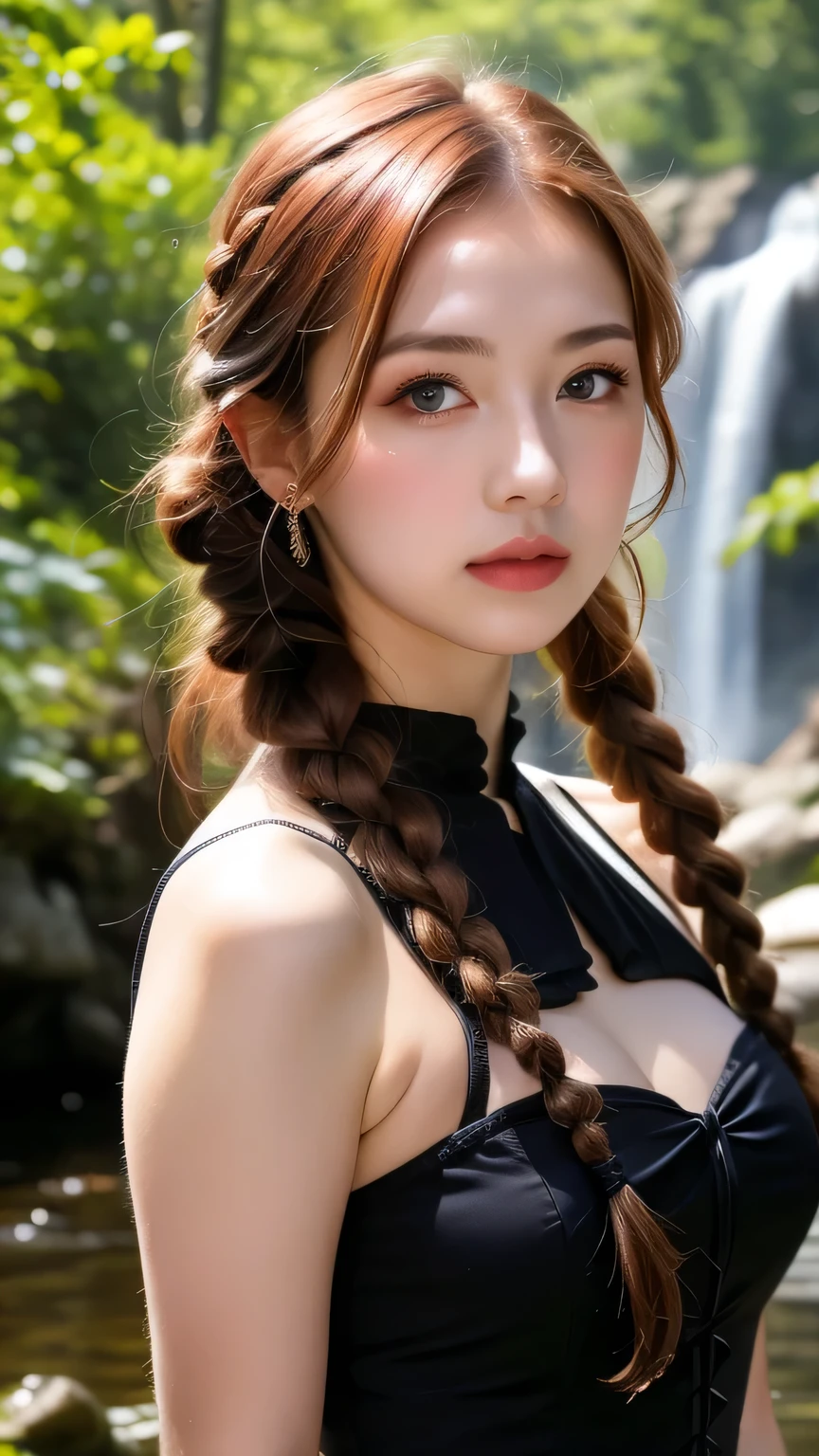 Beautiful woman, Complex details, watercolor, splash､Gothic Lolita, Upper Body, RAW Photos, Realistic, 4K/8K clear photo of a woman standing in front of a forest and a large waterfall, (iris), Super detailed, detaileds, Dramatic Light, Beautiful eyes in every detail, detaileded skin, Written boundary depth,  Full resolution, High resolutionの肌, detailed, Sharp focus, masterpiece, 最high quality, high quality, High resolution, Dark Gothic Lolita, (Red hair with curly braids)、Black Gothic Dress, Face close-up