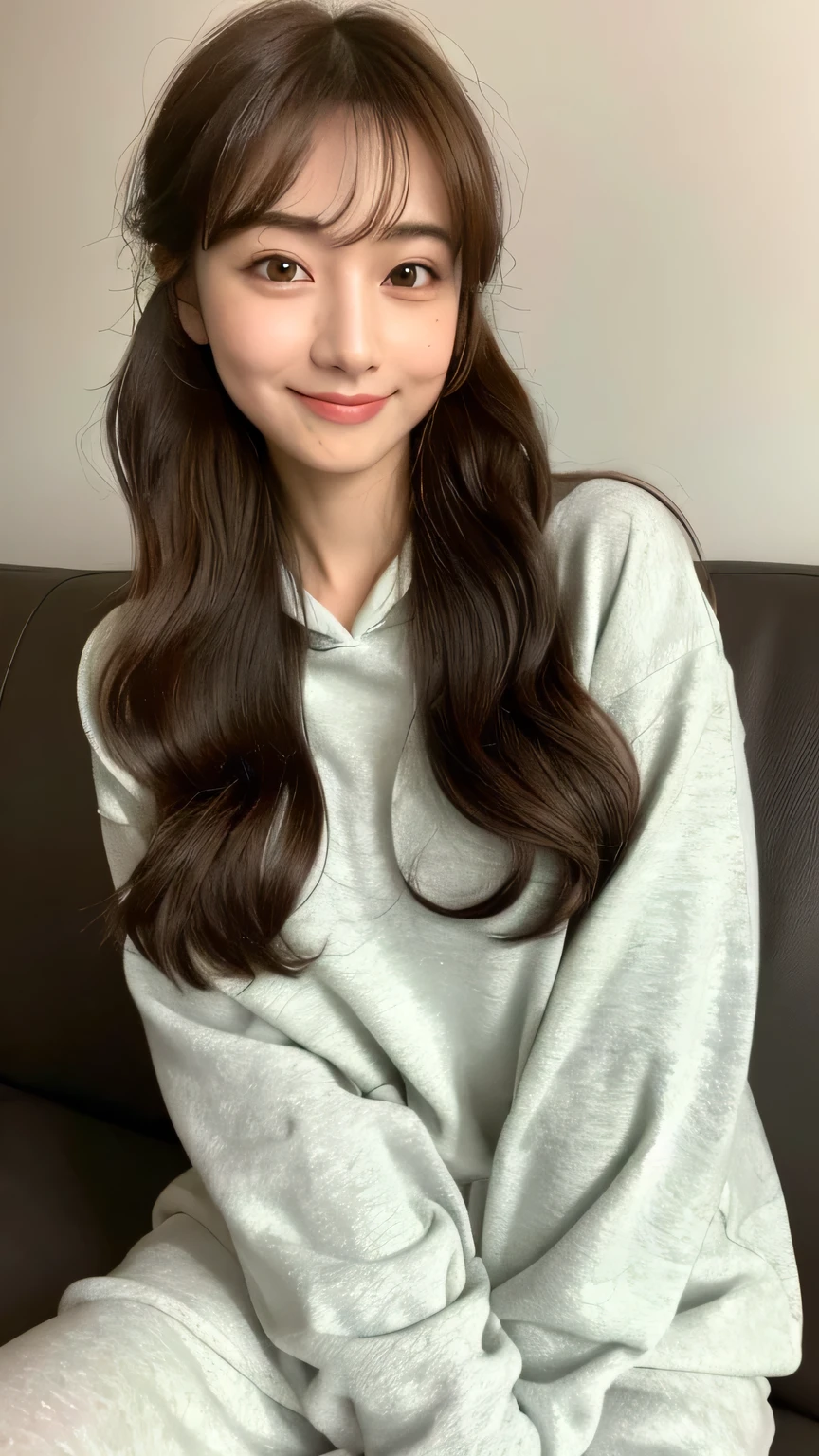 ((highest quality, 8k, masterpiece: 1.3)), 1 female, Japanese Idols,Sensual beauty: 1.3, (Hair style Brown hair Medium wave, big: 1.2), Nightwear Hoodie: 1.1, Very friendly face, Delicate eyes, double eyelid, Dimples,Mole, Sit on the sofa,relax,smile,Plump body,mole,Raising his arms,very thick paws,Moe sleeves,