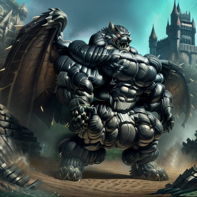 (gigantic muscles), 8K, Masterpiece, highres, Detailed head, Detailed Body, full body, Detailed abs, wearing crNanosuit, big muscle (pecs, triceps, traps) unusually developed muscular body,
body full of huge muscles.
pectorales enormes. Exaggeratedly huge muscles. Gigachad Muscular, gigantic muscles, Colossal giant NANOSUIT over a battlefield, The claws are sharp, Sharp teeth, Spread wings, have big wings. black wings, nj5furry, Animal paws, castle, black visor, barrel(live a hero)