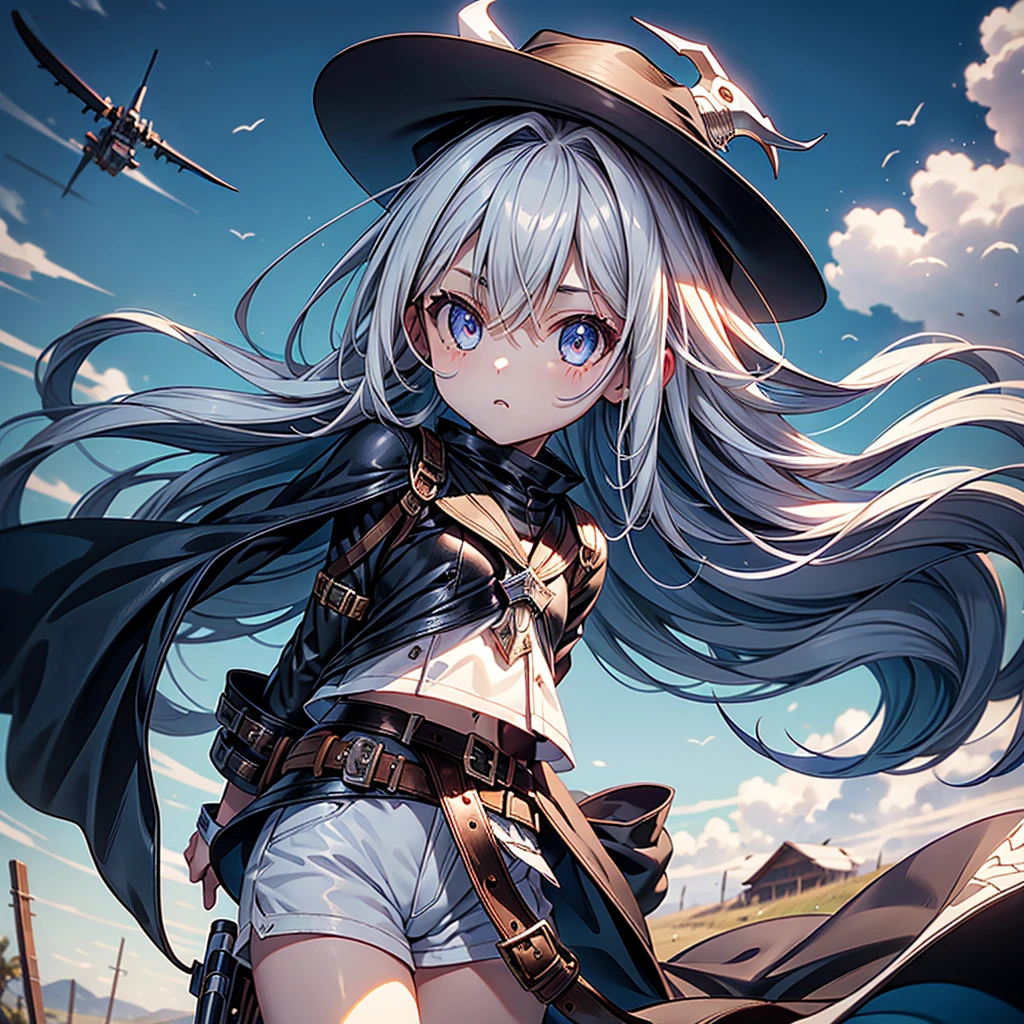 highest quality、Masterpiece、Official Art、The best composition、Western Hat、Western Boots、White bustier、hot pants、Gun hanging from waist、Wind、deep focus,absurdres、detailed eyes and face、minaba hideo、 Grim Reaper's Scythe、Future flying vehicleilky white hair with blue inner color、