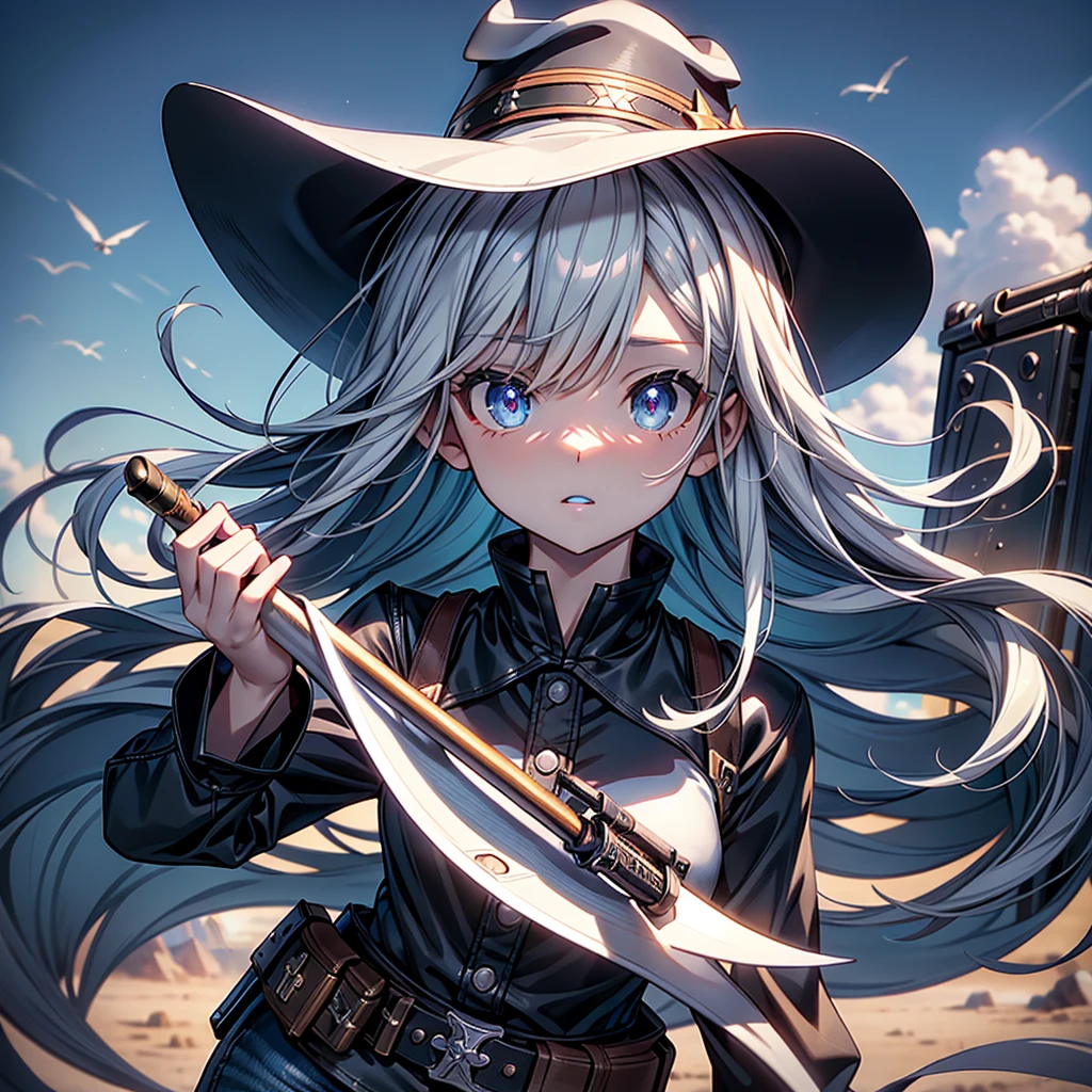 highest quality、Masterpiece、Official Art、The best composition、Western Hat、Western Boots、White bustier、hot pants、Gun hanging from waist、Wind、deep focus,absurdres、detailed eyes and face、minaba hideo、 Grim Reaper's Scythe、Future flying vehicleilky white hair with blue inner color、