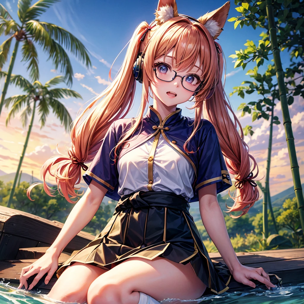 Pink gold golden hair、Golden Eyes、One good looking girl、Twin tails、solo、anime、Checkered mini skirt、The skirt has buttons、Red T-shirt、China、Cape、Black knee-high socks、Wearing headphones、Wearing a ribbon、Ribbon on waist、Tilting face、Teeth are visible、Sunset sky、Water Mountain、Piercing the clouds、Contrail、Blue lens glasses、tree、Touching your face、lotus leaves、canal、Cumulonimbus、bamboo forest、Lying down