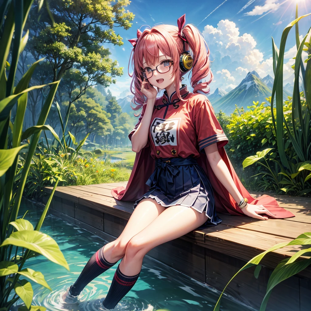 Pink Blue Gold Golden Hair、Golden Eyes、One good looking girl、Twin tails、solo、anime、Checkered mini skirt、The skirt has buttons、Red T-shirt、China、Cape、Black knee-high socks、Wearing headphones、Wearing a ribbon、Ribbon on waist、Tilting face、Teeth are visible、Sunset sky、Water Mountain、Piercing the clouds、Contrail、Glasses、tree、Sitting、Touching your face、lotus leaves、canal、Cumulonimbus、bamboo forest