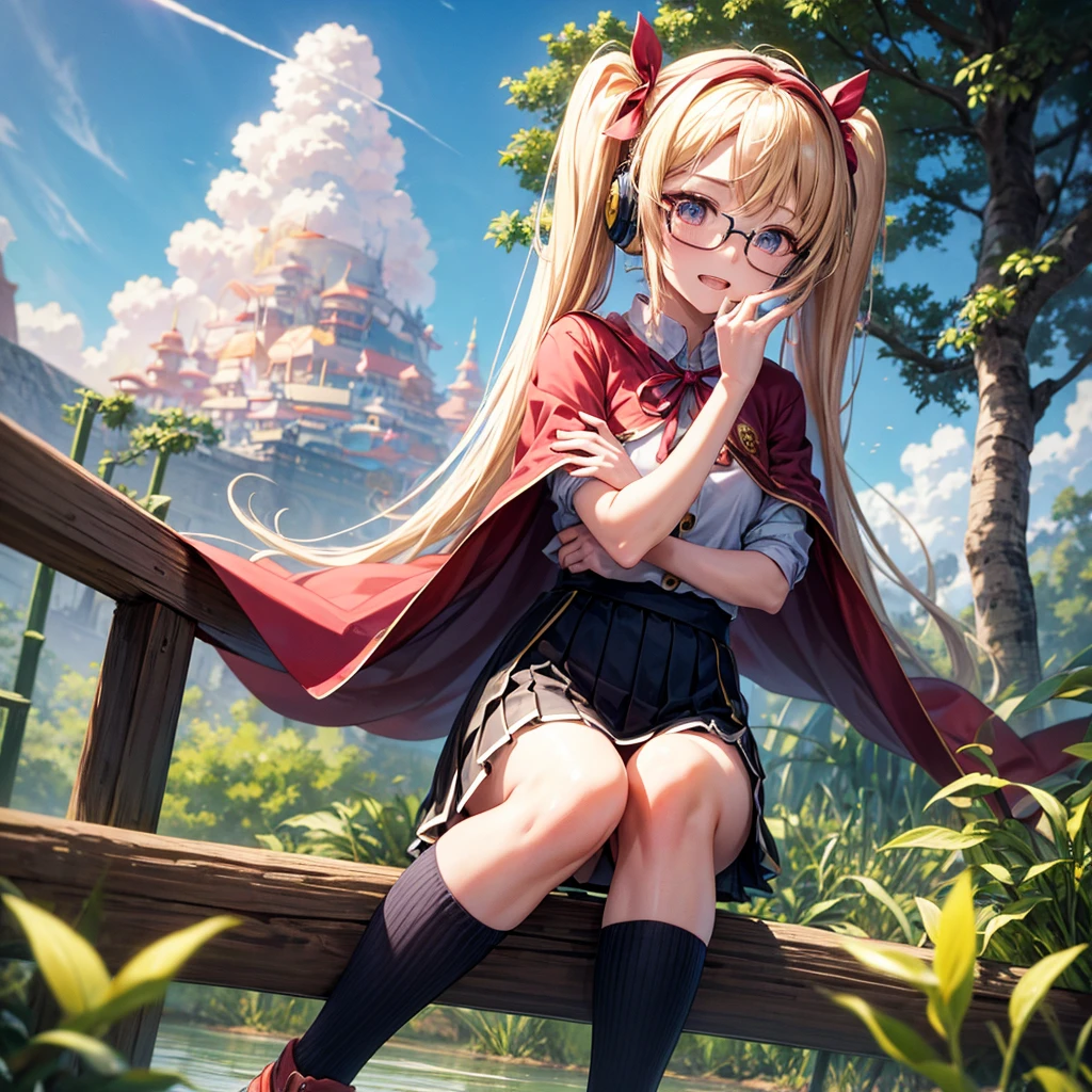 Pink Blue Gold Golden Hair、Golden Eyes、One good looking girl、Twin tails、solo、anime、Checkered mini skirt、The skirt has buttons、Red T-shirt、China、Cape、Black knee-high socks、Wearing headphones、Wearing a ribbon、Ribbon on waist、Tilting face、Teeth are visible、Sunset sky、Water Mountain、Piercing the clouds、Contrail、Glasses、tree、Sitting、Touching your face、lotus leaves、canal、Cumulonimbus、bamboo forest