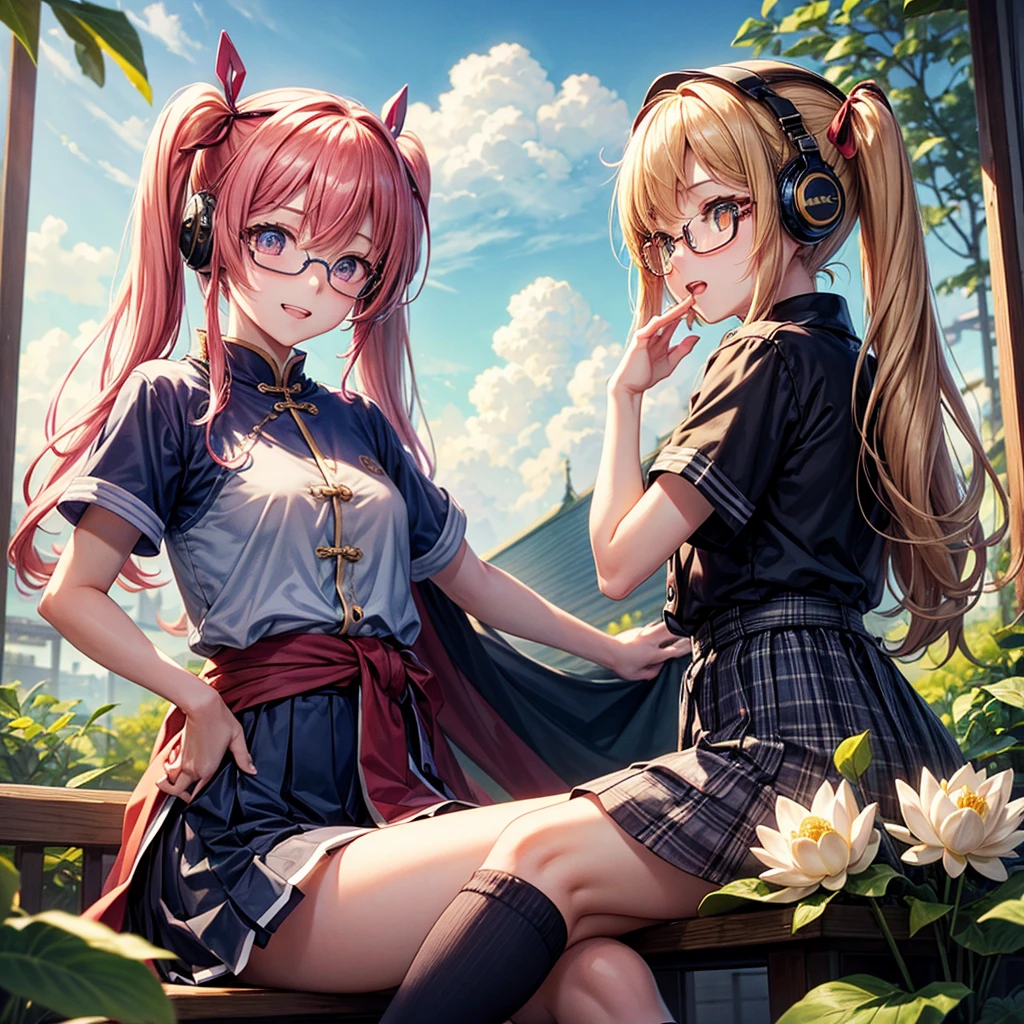 Pink Blue Gold Golden Hair、Golden Eyes、One good looking girl、Twin tails、solo、anime、Checkered mini skirt、The skirt has buttons、Red T-shirt、China、Cape、Black knee-high socks、Wearing headphones、Wearing a ribbon、Ribbon on waist、Tilting face、Teeth are visible、Sunset sky、Water Mountain、Piercing the clouds、Contrail、Glasses、tree、Sitting、Touching your face、lotus leaves、canal、Cumulonimbus、bamboo forest