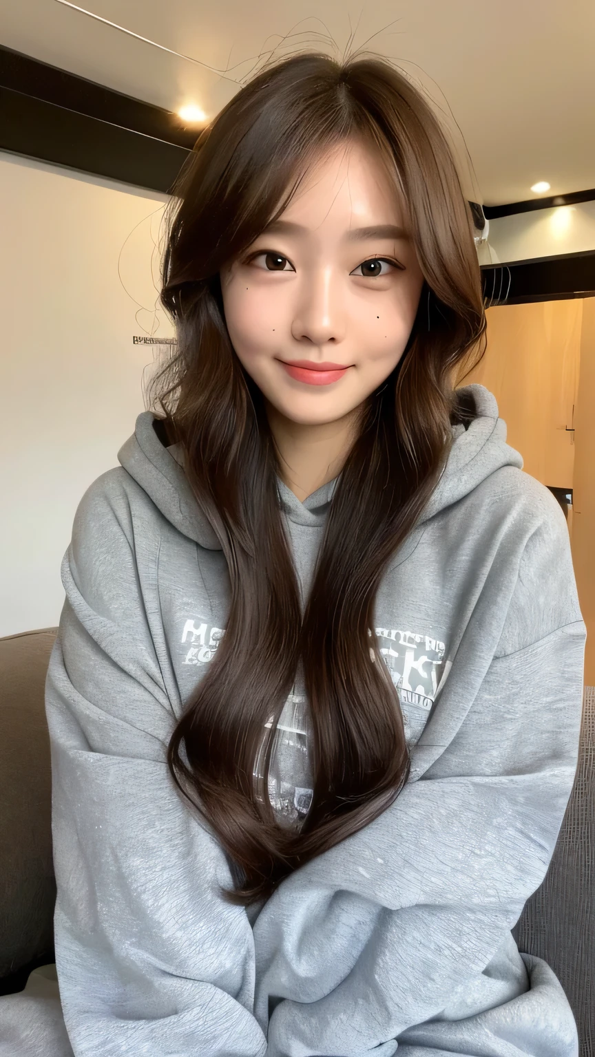 ((highest quality, 8k, masterpiece: 1.3)), 1 female, Japanese Idols,Sensual beauty: 1.3, (Hair style Brown hair Medium wave, big: 1.2), Nightwear Hoodie: 1.1, Very friendly face, Delicate eyes, double eyelid, Dimples,Mole, Sit on the sofa,relax,smile,Plump body,mole,very thick paws,Moe sleeves,