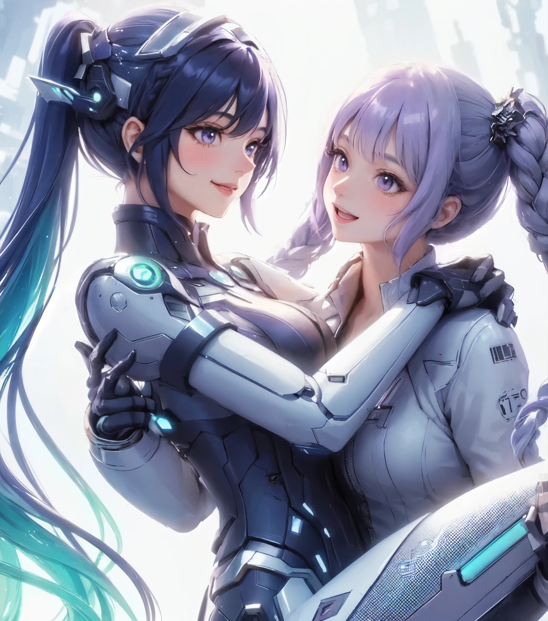 2ladies, (1lady princess-carrying the other), standing, (futuristic costume) stylish, mature female, (masterpiece best quality:1.2) delicate illustration ultra-detailed, large breasts BREAK 1lady, (light purple long hair), twin braid, blush happy smile, (open mouth) BREAK 1lady, (dark blue long hair), (kind smile) BREAK (futuristic city) outdoors, soft lighting, science fiction, detailed background
