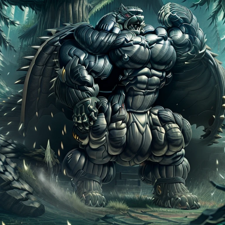 (gigantic muscles), 8K, Masterpiece, highres, Detailed head, Detailed Body, full body, Detailed abs, wearing crNanosuit, big muscle (pecs, triceps, traps) unusually developed muscular body, 
body full of huge muscles. 
pectorales enormes. Exaggeratedly huge muscles. Gigachad Muscular, gigantic muscles, Colossal giant NANOSUIT over a battlefield, The claws are sharp, Sharp teeth, Spread wings, have big wings. black wings, nj5furry, Animal paws, castle, black visor, barrel(live a hero)