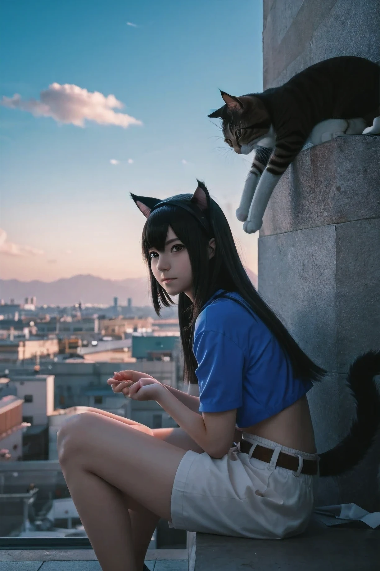 Anime girl with cat ears sitting on a shelf and looking at the sky, (anime photo), (cosplay (Эмма Майерс at 18yo)), inspired by Makoto Shinkai, trending on pixiv, space art, Makoto Shinkai Cyril Roland, 4k anime wallpaper, anime art wallpaper 8k, anime art wallpaper 4k, anime wallpaper 4K, anime wallpaper 4K, anime wallpaper 4K