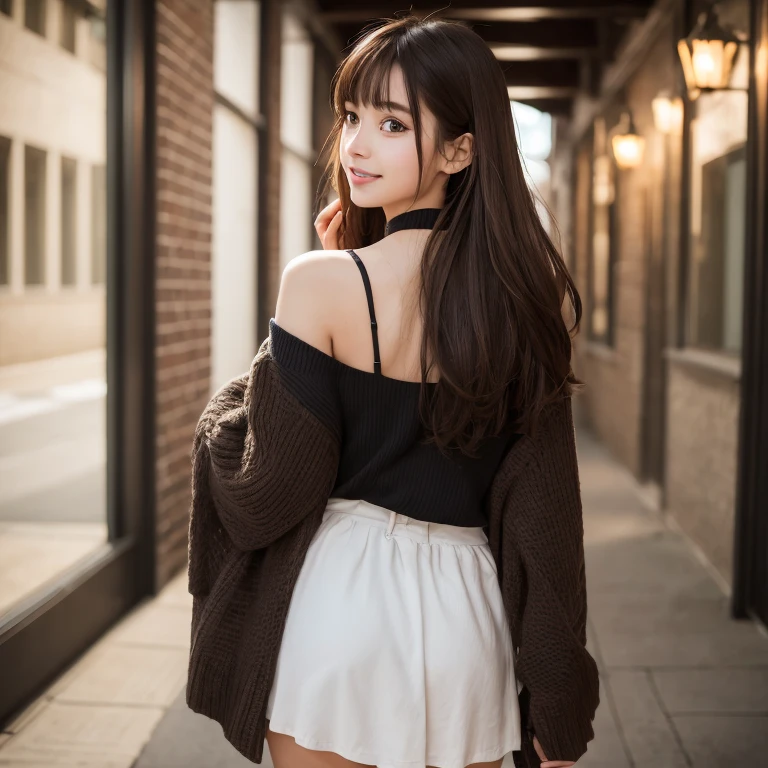 smile、night、Raw photo、(((A portrait of ultimate beauty)))、((Glowing Skin))、1 girl、Beautiful 18 year old girl from Prague、Bright expression、((Brown haired))、((Big eyes that shine like jewels))、Open cardigan、pantyhose、Glowing Skin、(Medium Hair)、(Silky Ponytail Hair)、(standing)、(From below)、Under the skirt、(下着をFrom belowクローズアップ)、eyeliner、Beautiful Bangs、Hair between the eyeasterpiece、最high quality、Ultra-detailed、Film Light、Intricate details、High resolution、Very detailed))、Detailed Background、8KUHD、Digital SLR、Soft Light、high quality、Film Grain、Fujifilm XT3 、Shallow depth of field、Natural soft light、Kamimei、 Thighs, Back view, Holding a bouquet