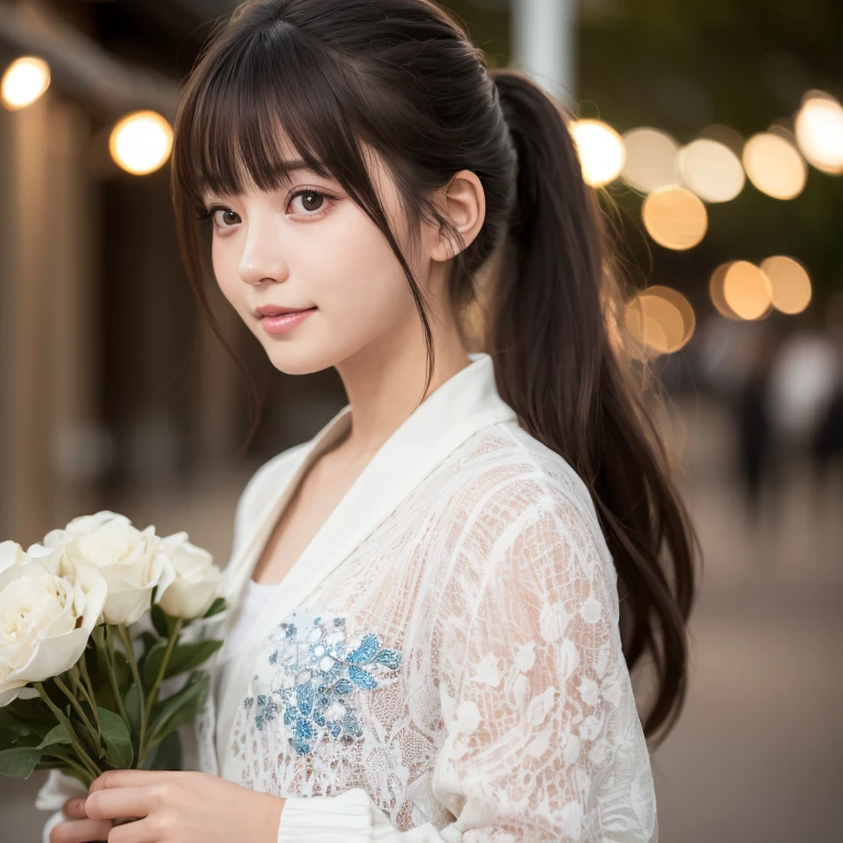smile、night、Raw photo、(((A portrait of ultimate beauty)))、((Glowing Skin))、1 girl、Beautiful 18 year old girl from Prague、Bright expression、((Brown haired))、((Big eyes that shine like jewels))、Open cardigan、pantyhose、Glowing Skin、(Medium Hair)、(Silky Ponytail Hair)、(standing)、(From below)、Under the skirt、(下着をFrom belowクローズアップ)、eyeliner、Beautiful Bangs、Hair between the eyeasterpiece、最high quality、Ultra-detailed、Film Light、Intricate details、High resolution、Very detailed))、Detailed Background、8KUHD、Digital SLR、Soft Light、high quality、Film Grain、Fujifilm XT3 、Shallow depth of field、Natural soft light、Kamimei、 Thighs, Back view, Holding a bouquet