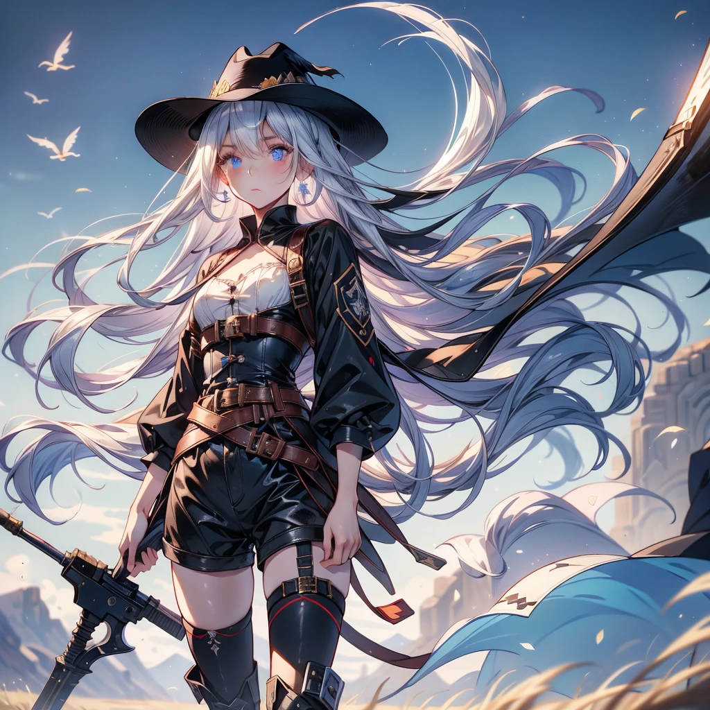 highest quality、Masterpiece、Official Art、The best composition、Western Hat、Western Boots、White bustier、hot pants、Gun hanging from waist、Wind、deep focus,absurdres、detailed eyes and face、minaba hideo、 Grim Reaper's Scythe、Future flying vehicleilky white hair with blue inner color、