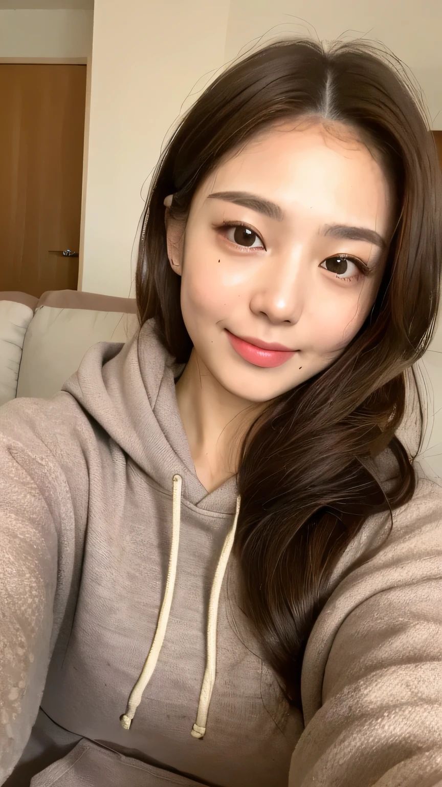 ((highest quality, 8k, masterpiece: 1.3)), 1 female, Japanese Idols,Sensual beauty: 1.3, (Hair style Brown hair Medium wave, big: 1.2), hoodie: 1.1, Very friendly face, Delicate eyes, double eyelid, Dimples,Mole, Sit on the sofa,relax,smile,Plump body,mole,very thick paws,Moe sleeves,