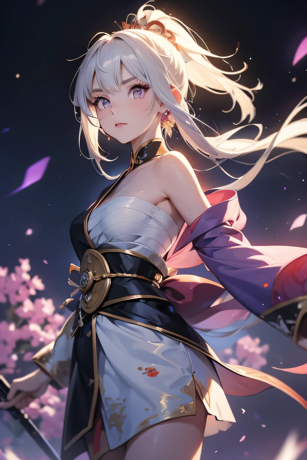 (masterpiece, best quality, dutch angle)(1girl, solo)(white hair,Purple Eyes,Straight long hair)(sarashi,japanese clothes,one shoulder、Wear one kimono:1.4、One shoulder exposed)(Serious expression, Woman holding a sword:1.3、floating hair)(In front of the samurai residence、Mystical Night、Particles of light float around the woman、Space for fantasy)