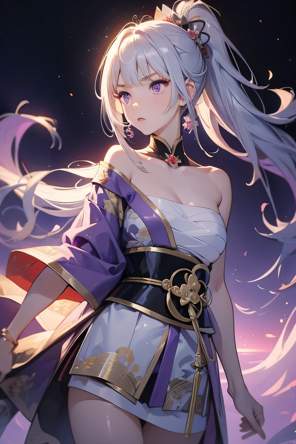 (masterpiece, best quality, dutch angle)(1girl, solo)(white hair,Purple Eyes,Straight long hair)(sarashi,japanese clothes,one shoulder、Wear one kimono:1.4、One shoulder exposed)(Serious expression, Woman holding a sword:1.3、floating hair)(In front of the samurai residence、Mystical Night、Particles of light float around the woman、Space for fantasy)