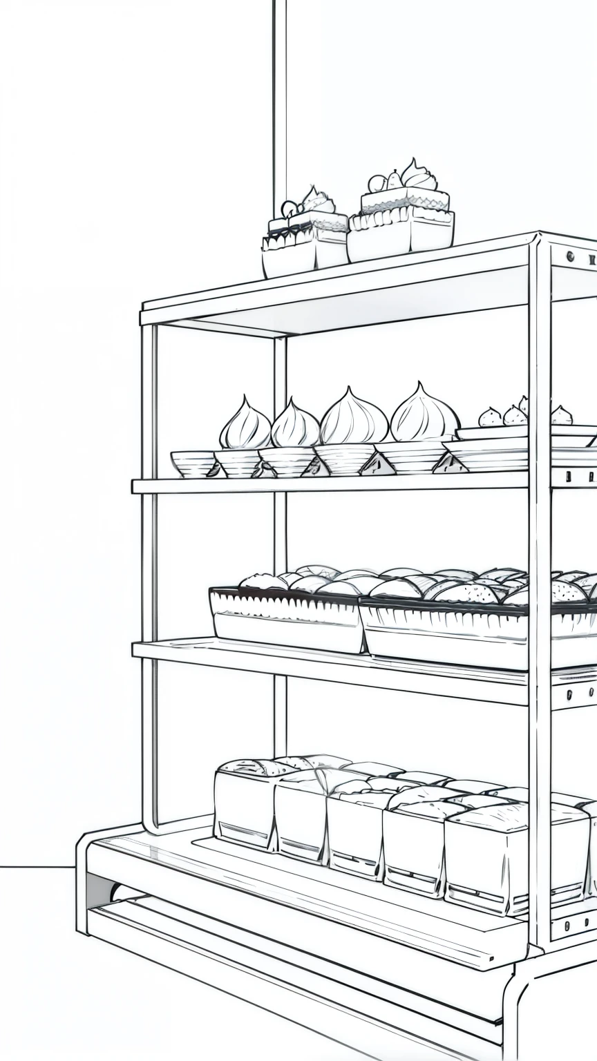 (white background,line drawing),a shelf with sweets and cakes