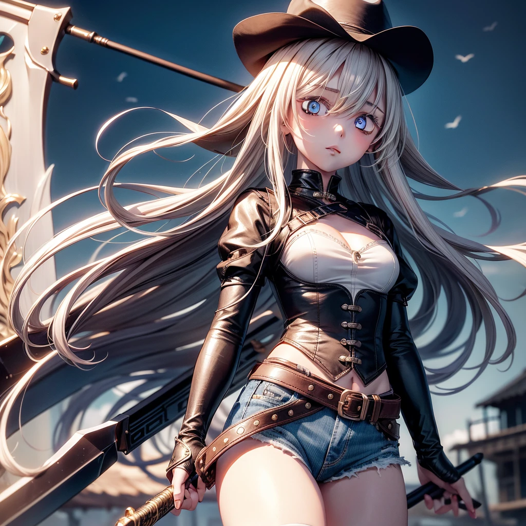 highest quality、Masterpiece、Official Art、The best composition、Western Hat、Western Boots、White bustier、hot pants、Gun hanging from waist、Wind、deep focus,absurdres、detailed eyes and face、minaba hideo、 Grim Reaper's Scythe、Future flying vehicleilky white hair with blue inner color、