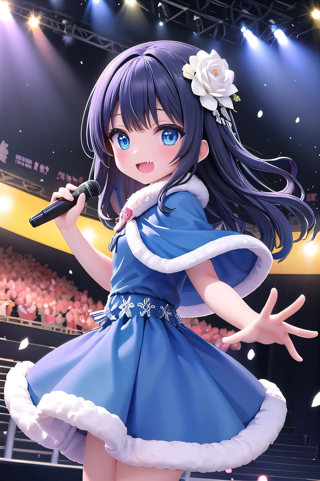 girl,audience,blue capelet,blue dress,blue eyes,capelet,catwalk (walkway),dot nose,dress,dutch angle,fang,film grain,flower,from side,fur-trimmed capelet,fur-trimmed dress,fur trim,glowstick,hair down,hair flower,hair ornament,holding,holding microphone,idol,idol clothes,lens flare,long hair,looking at viewer,microphone,open mouth,outstretched arm,rose,smile,snowflakes,solo,sparkle,stage,stage lights,star (symbol),white flower,white rose ,