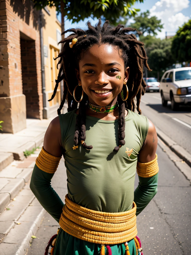 (best quality, masterpiece, high resolution: 1.2), raw photo, portrait, (1 young black man), Rastafarian, dressed as a Rastafarian, smiling, no front teeth, funny photo, sunny, huge earrings in his ears, standing on the street, Africa